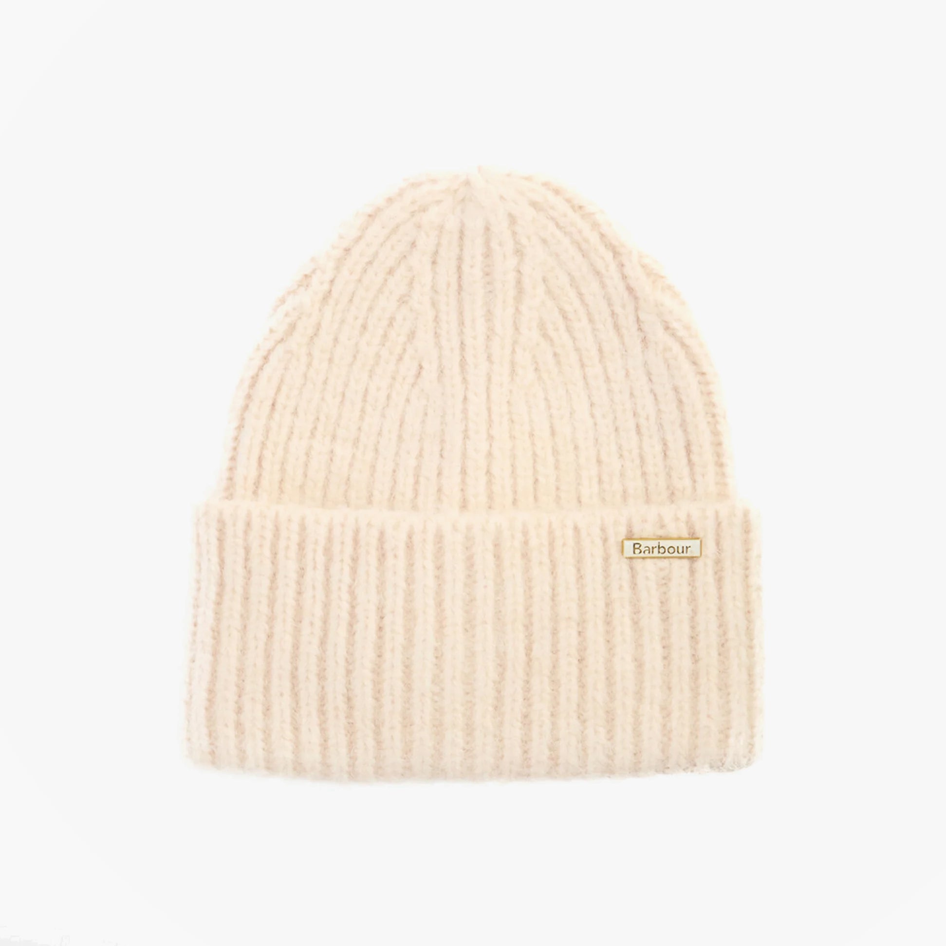 Barbour MERYL Womens Beanie Heritage Cream top view showcasing the soft textured knit and signature logo label.