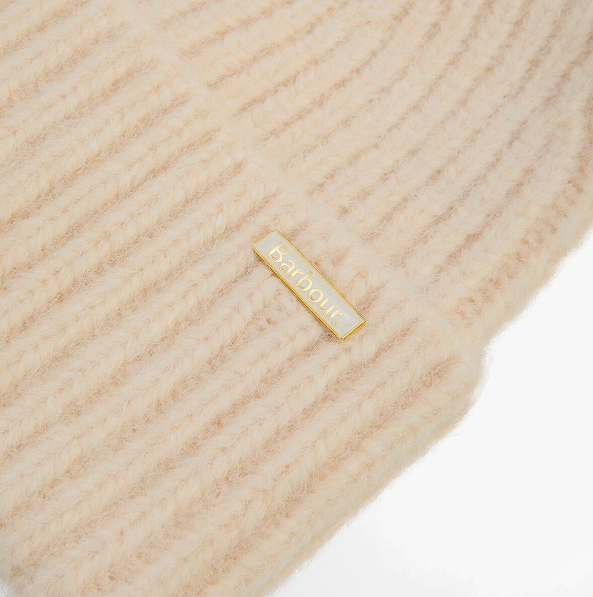 Barbour MERYL Womens Beanie Heritage Cream detail view showing ribbed knit and logo tag