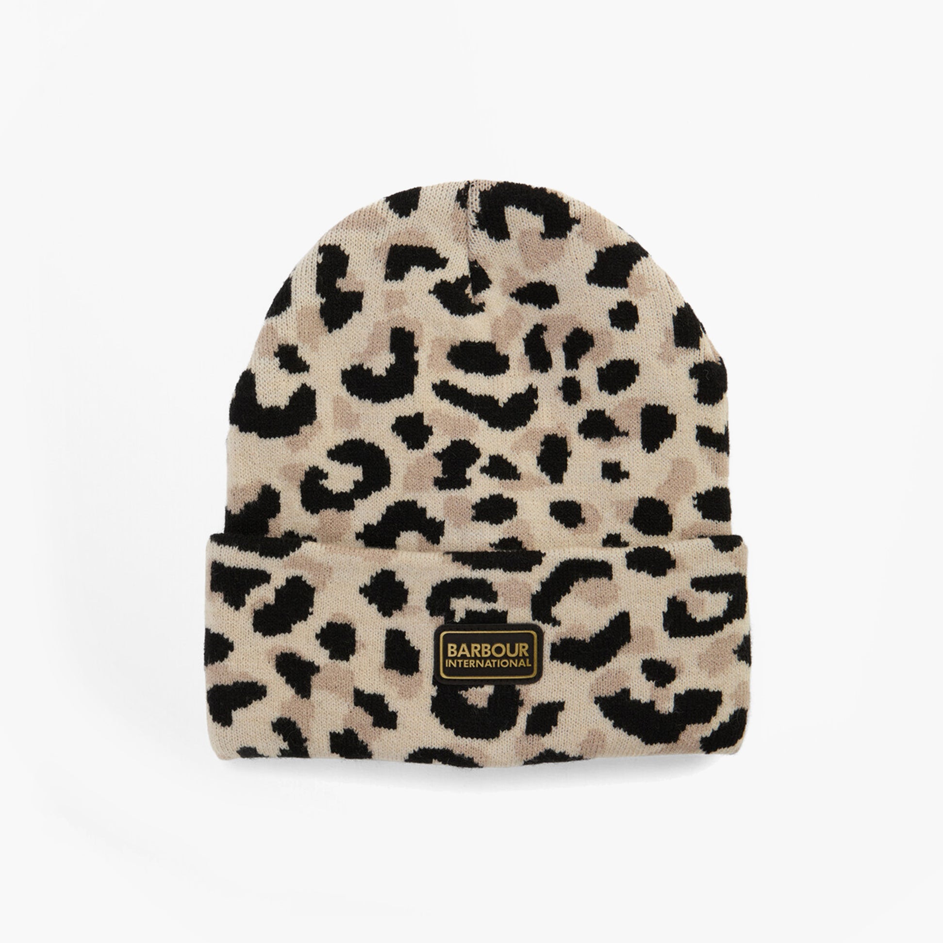 Barbour HARLEY LEOPARD Womens Beanie Jasmine Leopard front view with leopard print pattern and logo detail