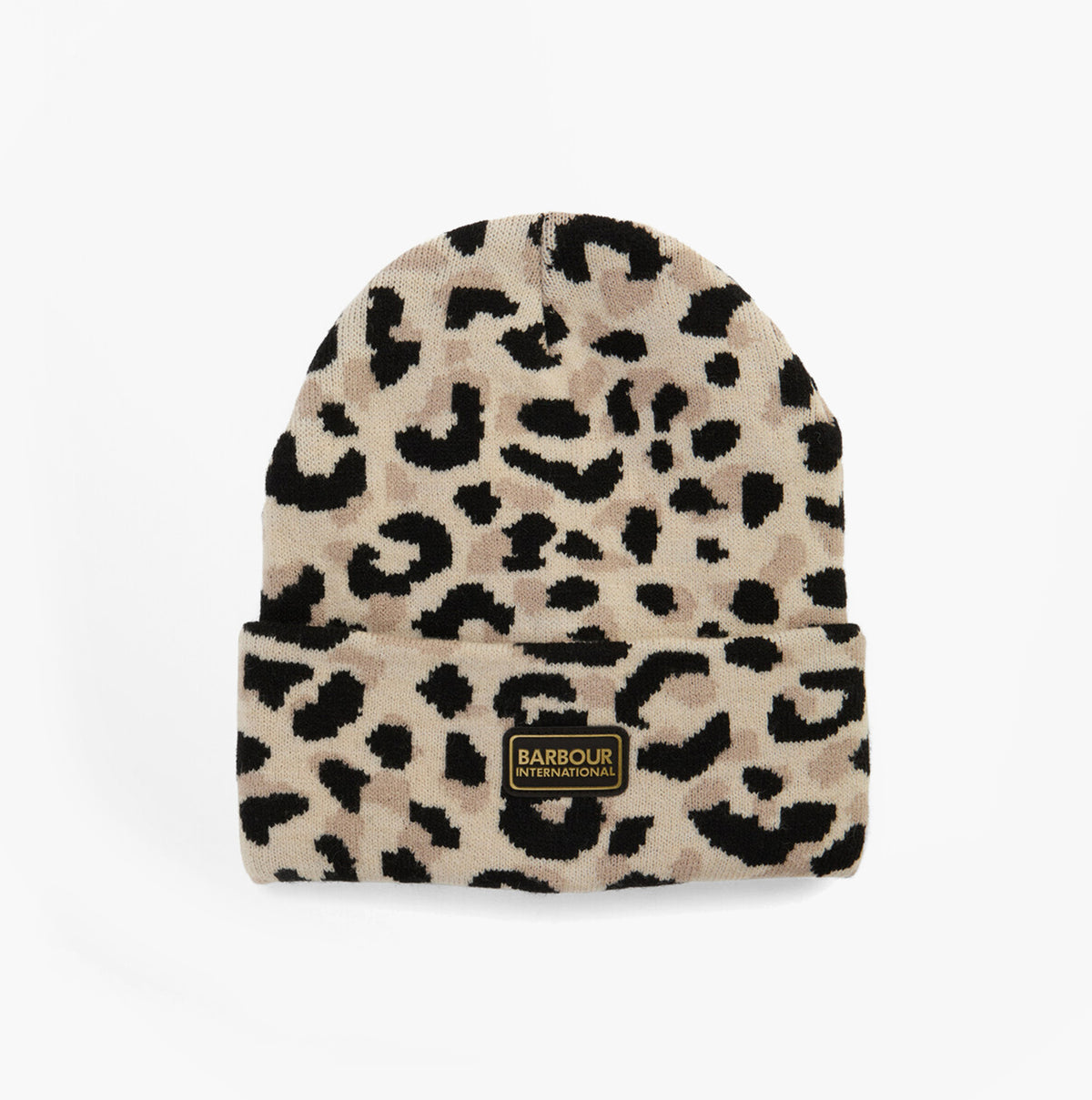 Barbour HARLEY LEOPARD Womens Beanie Jasmine Leopard front view with leopard print pattern and logo detail