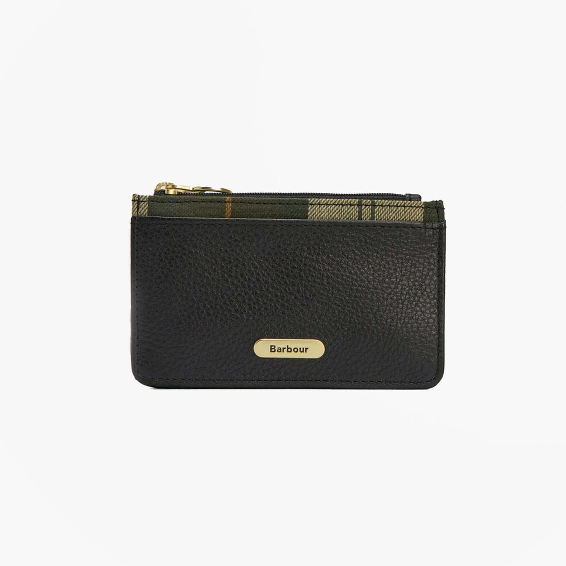 Barbour ALDER LEATHER Card Holder Womens Black front view featuring zip closure and RFID protection.