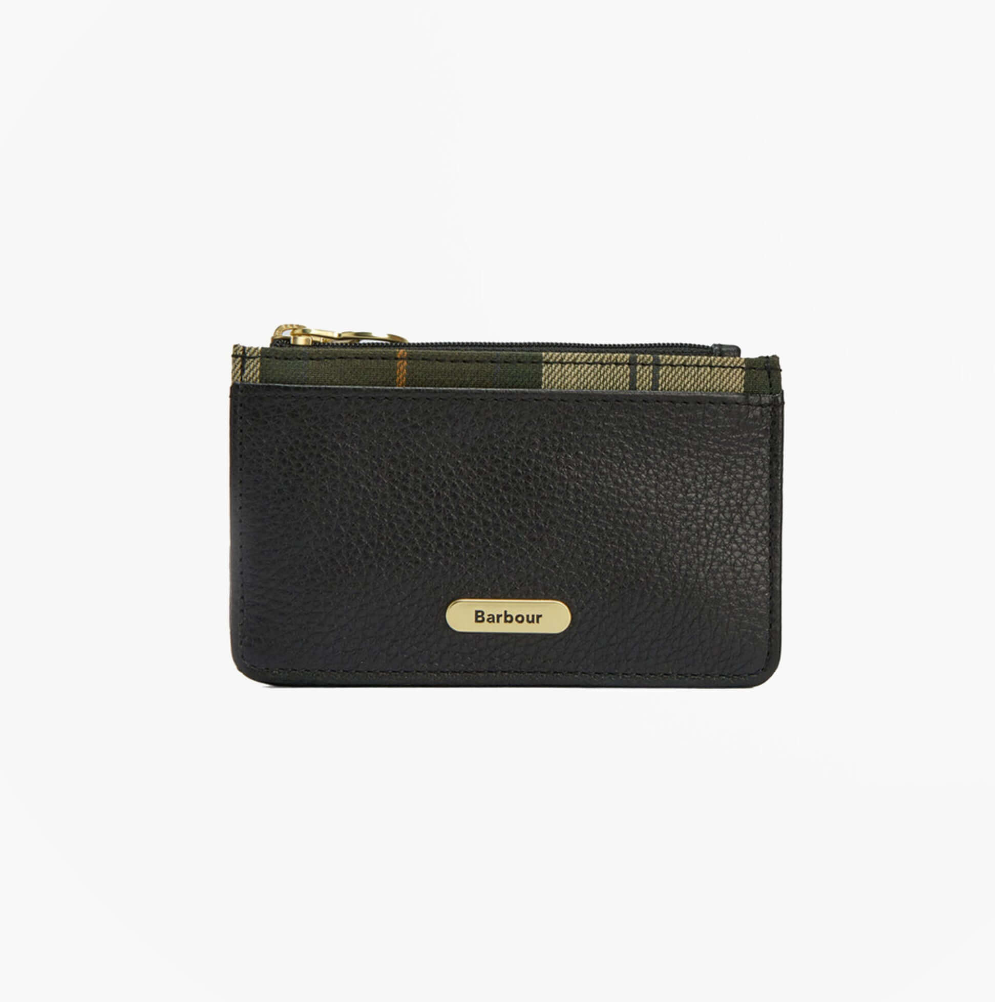 Barbour ALDER LEATHER Card Holder Womens Black front view featuring zip closure and RFID protection.