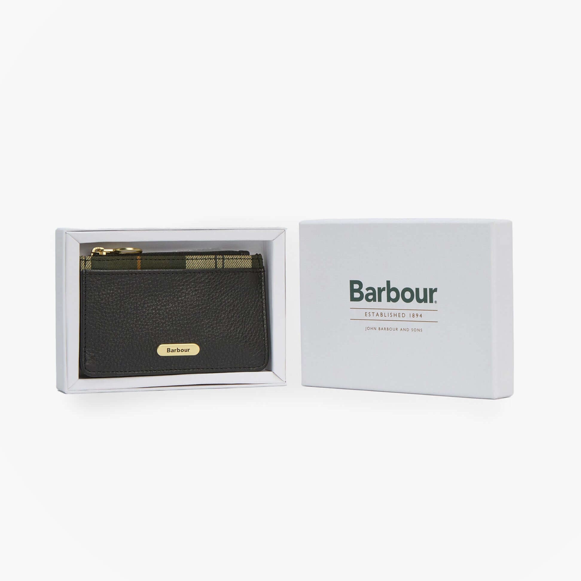Barbour ALDER LEATHER Card Holder Womens Black front view in box, featuring RFID technology and zip closure.