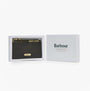 Barbour ALDER LEATHER Card Holder Womens Black front view in box, featuring RFID technology and zip closure.