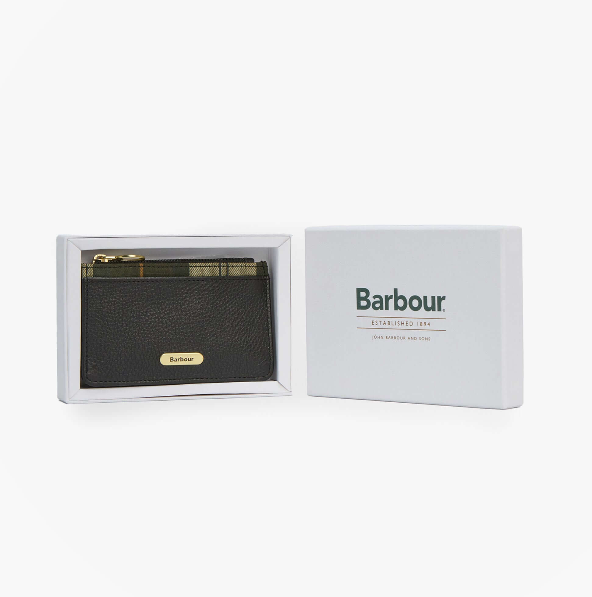 Barbour ALDER LEATHER Card Holder Womens Black front view in box, featuring RFID technology and zip closure.