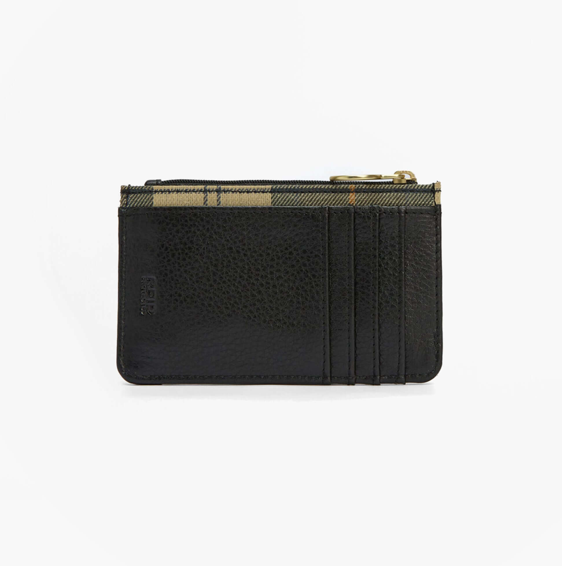 Barbour ALDER LEATHER Card Holder Womens Black front view with zip closure and multiple card slots.