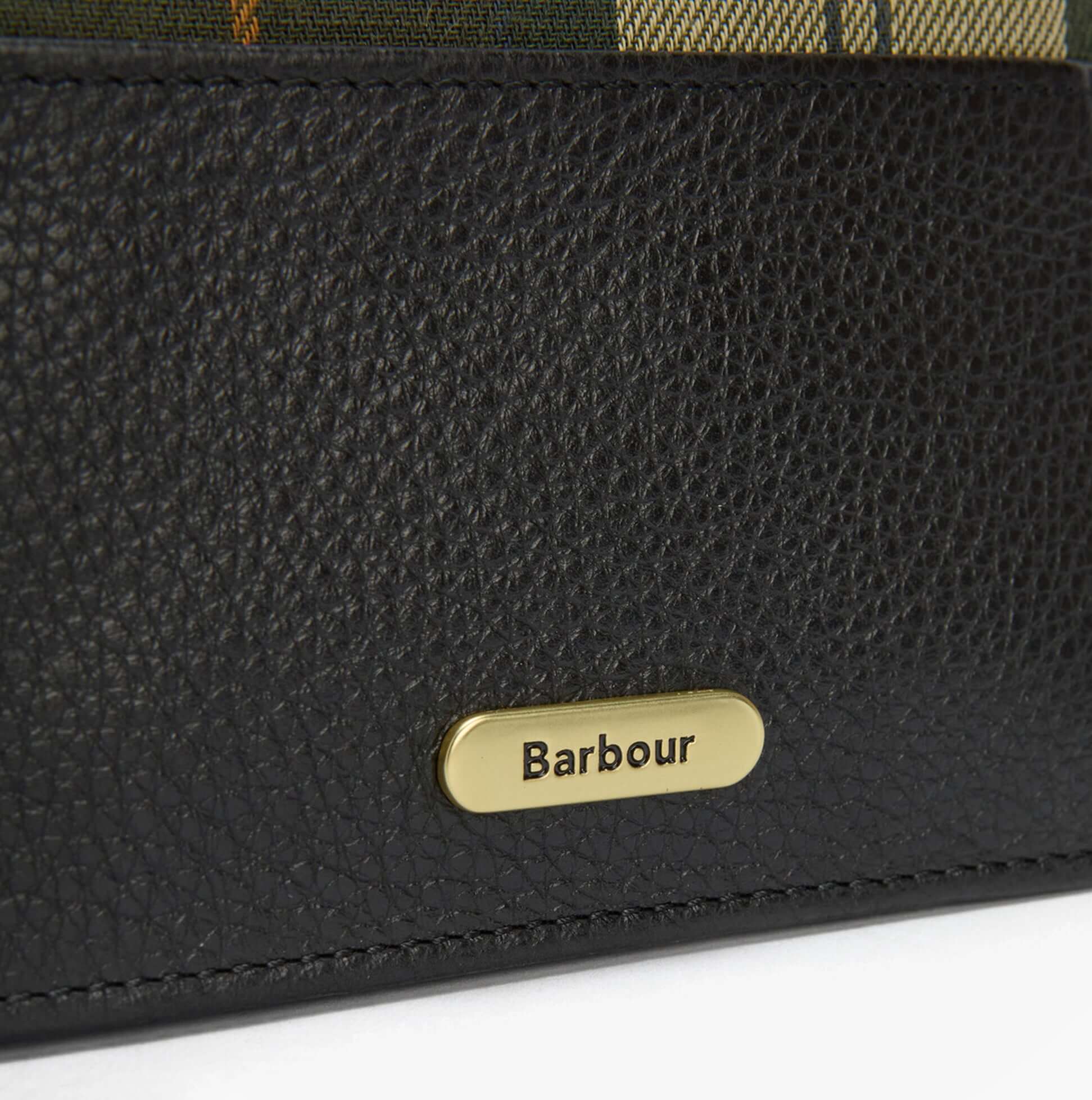 Barbour ALDER LEATHER Card Holder Womens Black detail view showcasing logo and texture