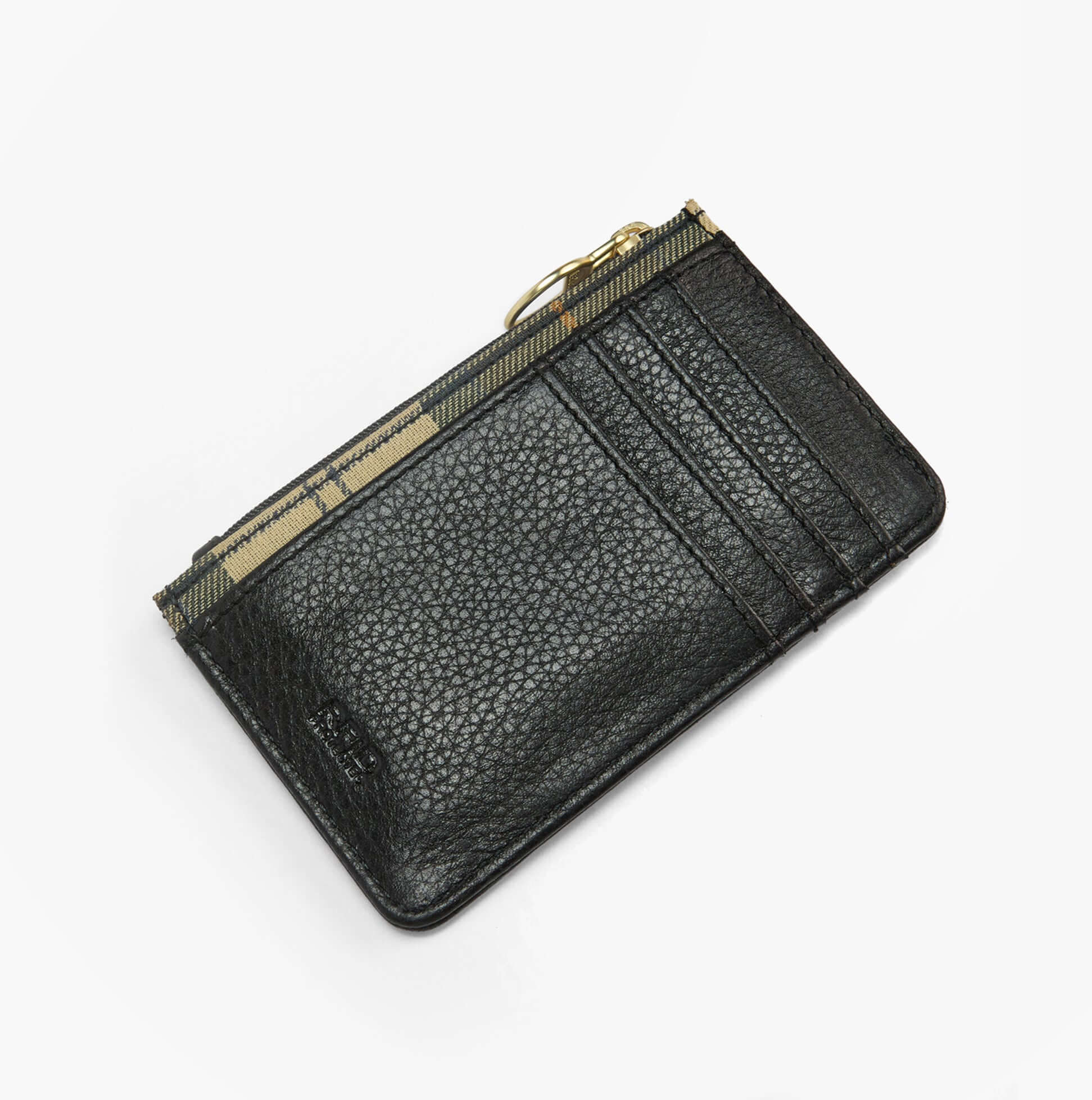 Barbour ALDER LEATHER Card Holder Womens Black, top view showing zip closure and card slots, stylish and functional design.