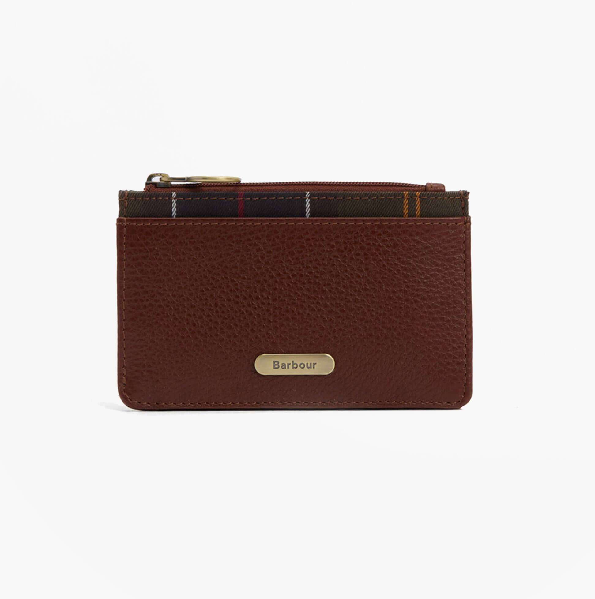 Barbour ALDER LEATHER Card Holder Womens Brown/Classic front view showcasing detailed leather finish and zip closure.
