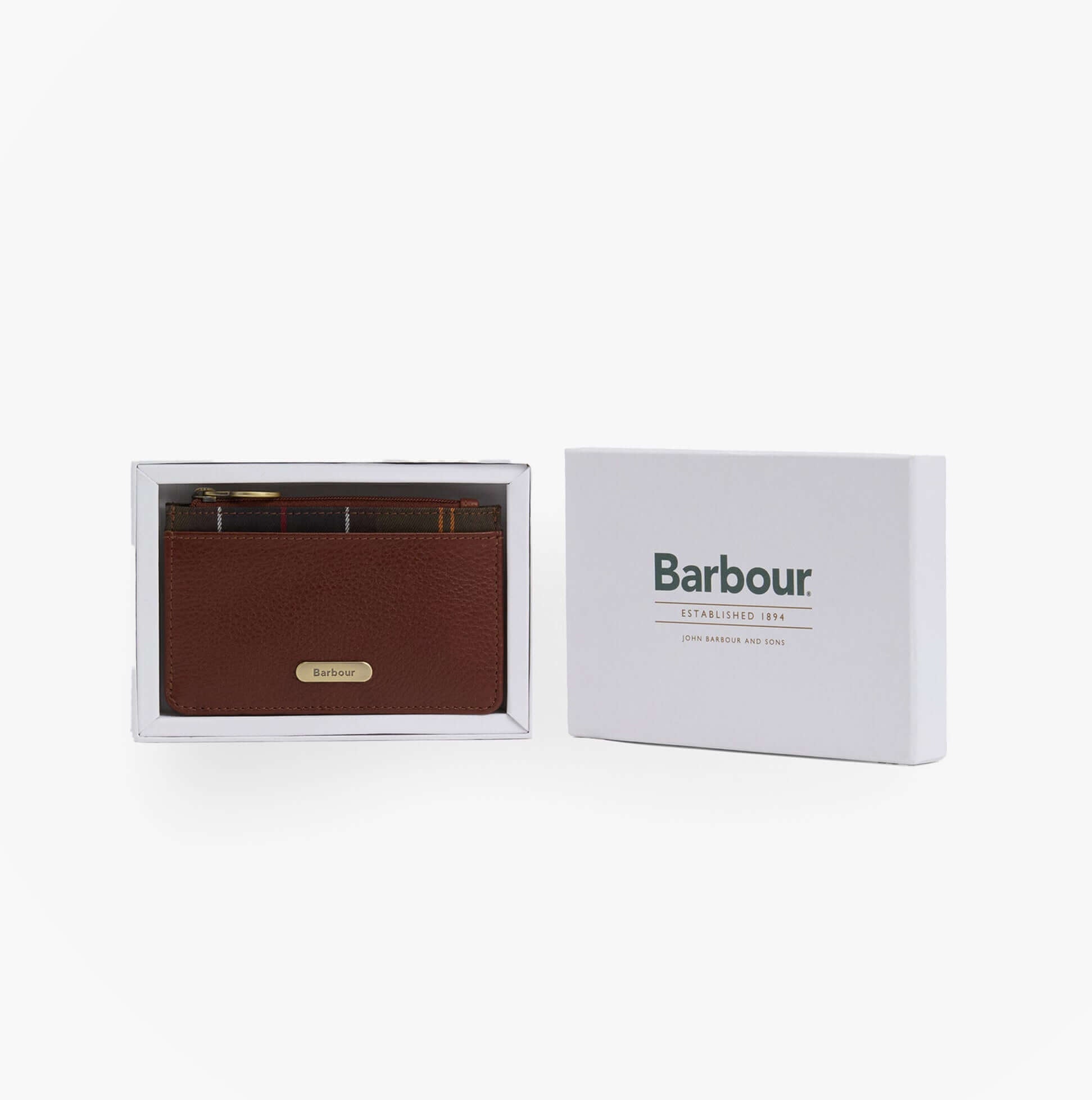 Barbour ALDER LEATHER Card Holder Womens Brown/Classic front view in gift box showing the exterior and brand logo.