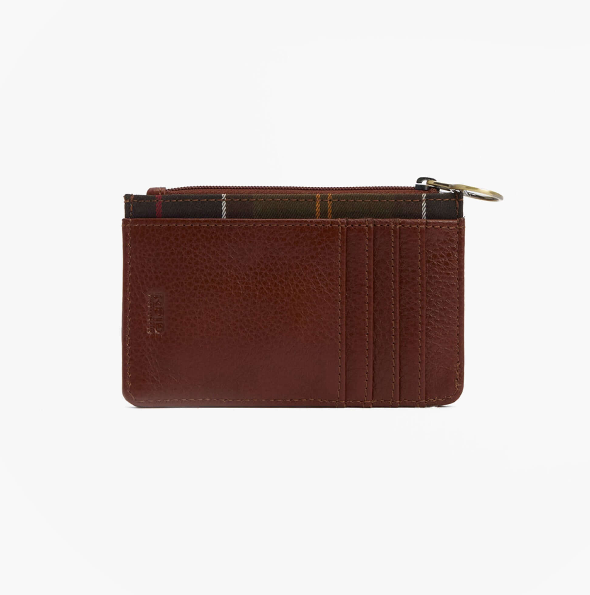 Barbour ALDER LEATHER Card Holder Womens Brown/Classic side view showing multiple card slots and zip closure.