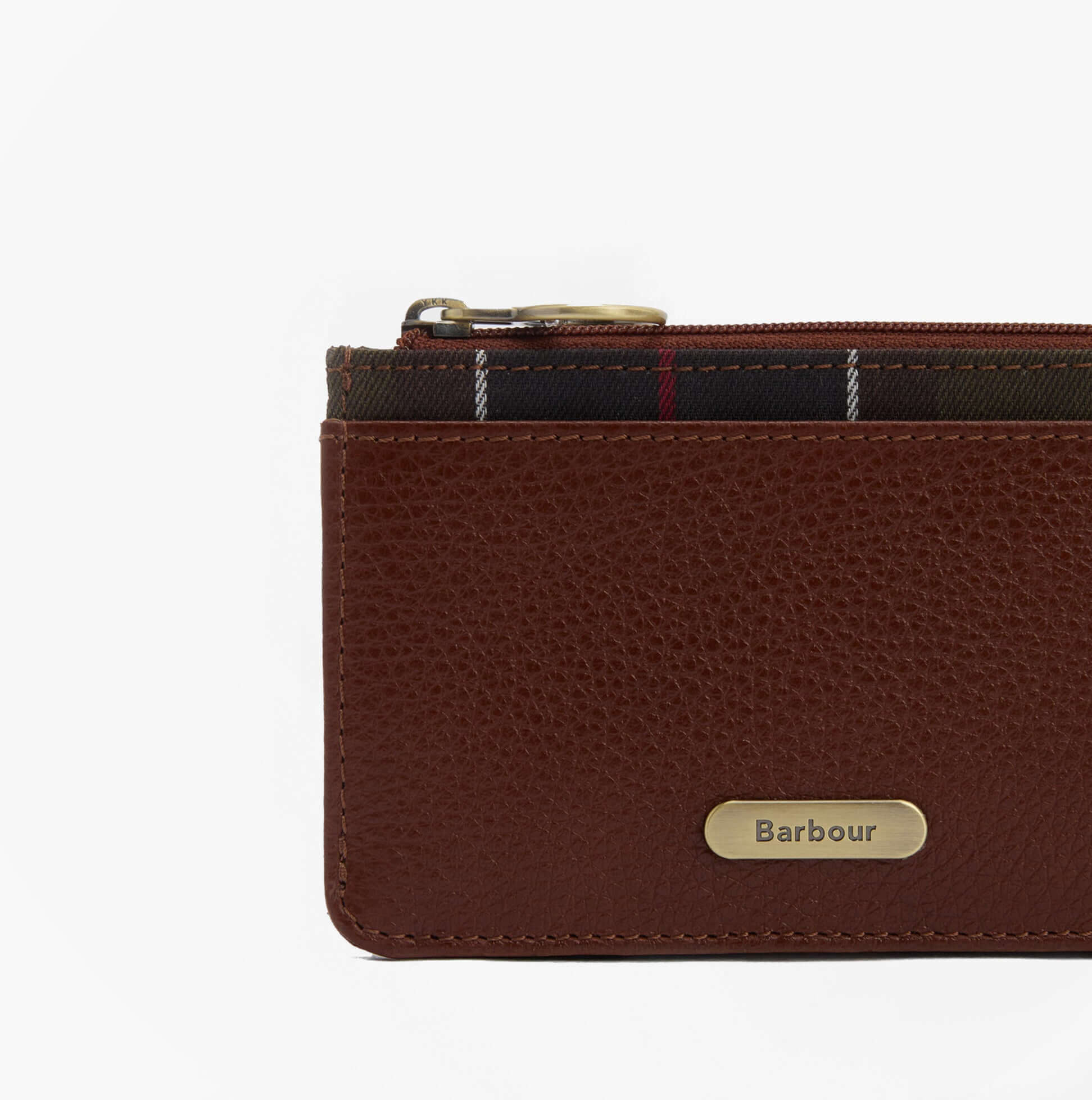 Barbour ALDER LEATHER Card Holder Womens Brown/Classic front view with zip closure and plaid lining.