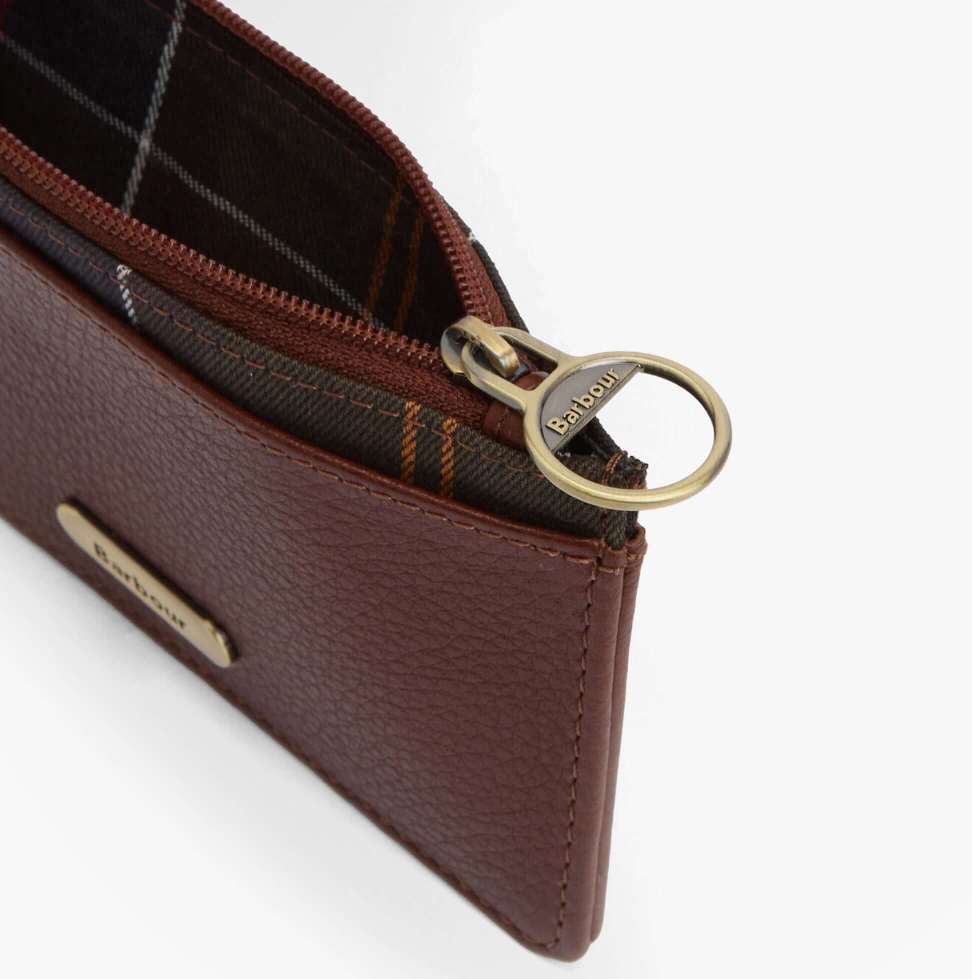 Barbour ALDER LEATHER Card Holder Womens Brown/Classic top view showing zip closure and interior fabric pattern.