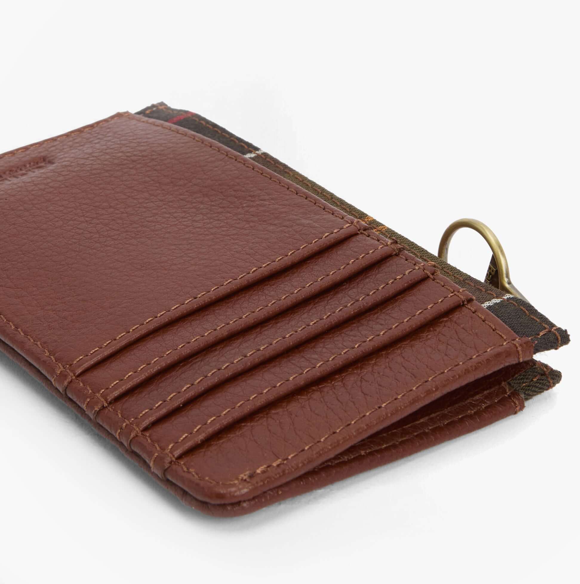 Barbour ALDER LEATHER Card Holder Womens Brown/Classic side view showcasing card slots and leather texture.