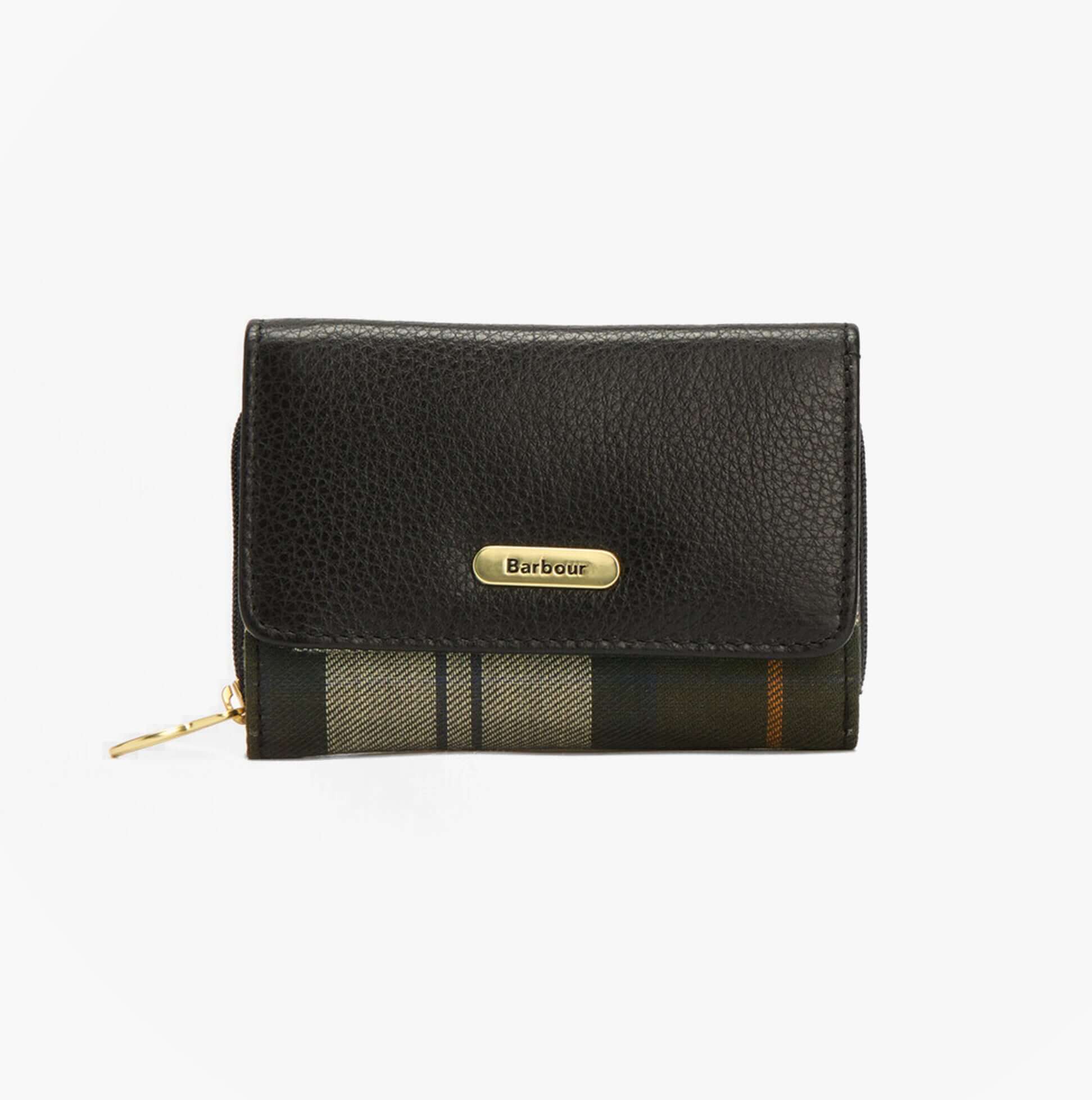 Barbour ROSA LEATHER French Purse Womens Black front view with button and zip closure, featuring RFID technology.