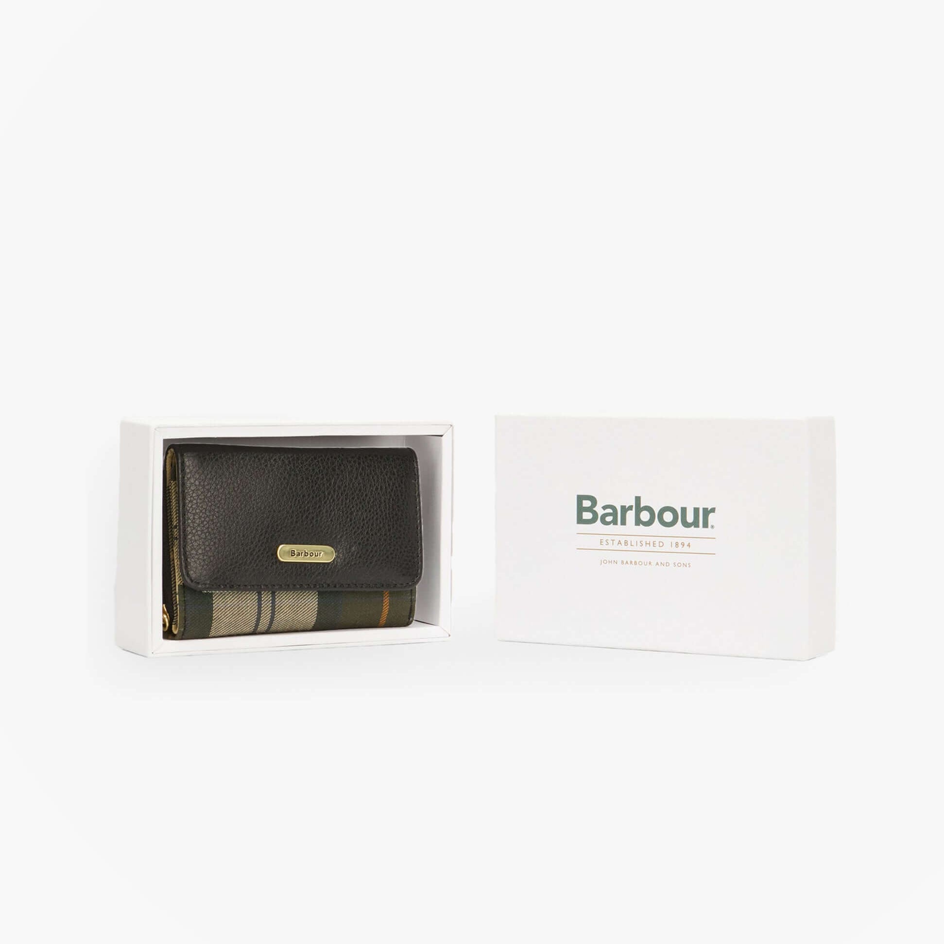 Barbour ROSA LEATHER French Purse Womens Black front view in gift box with blank white background