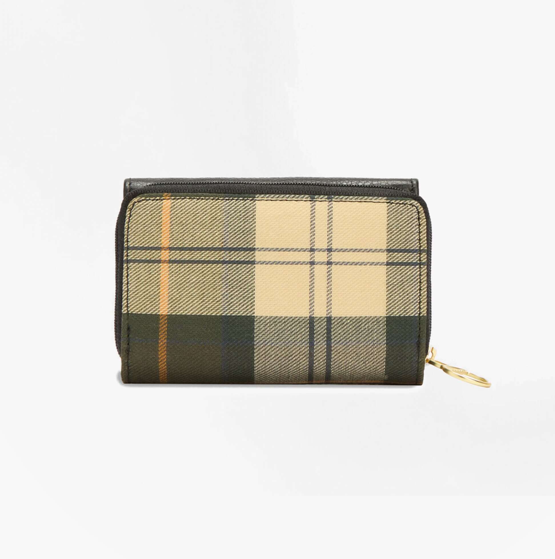 Barbour ROSA LEATHER French Purse Womens Black front view showing classic plaid design and zip closure.