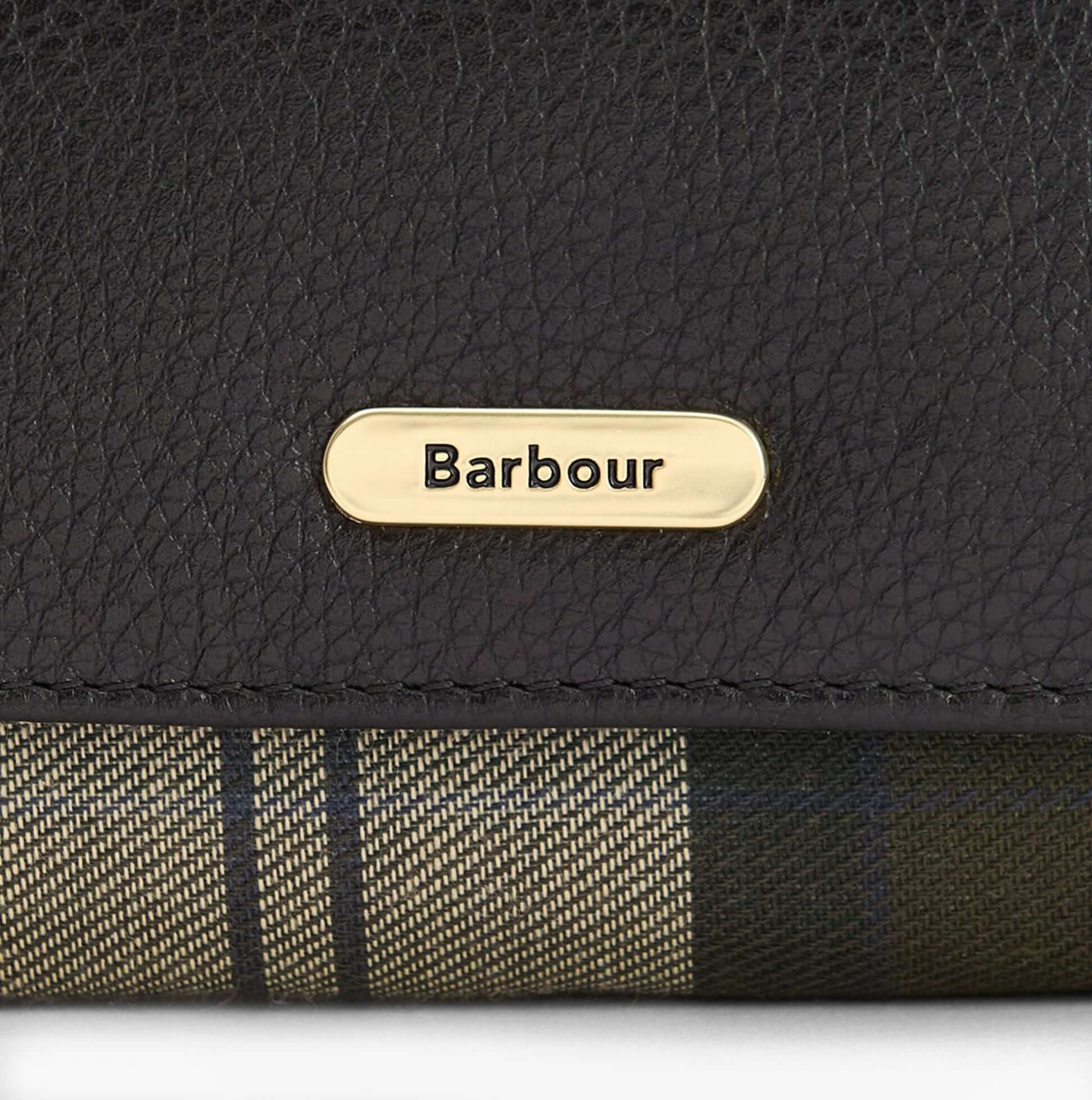 Barbour ROSA LEATHER French Purse Womens Black detail view of logo and material texture