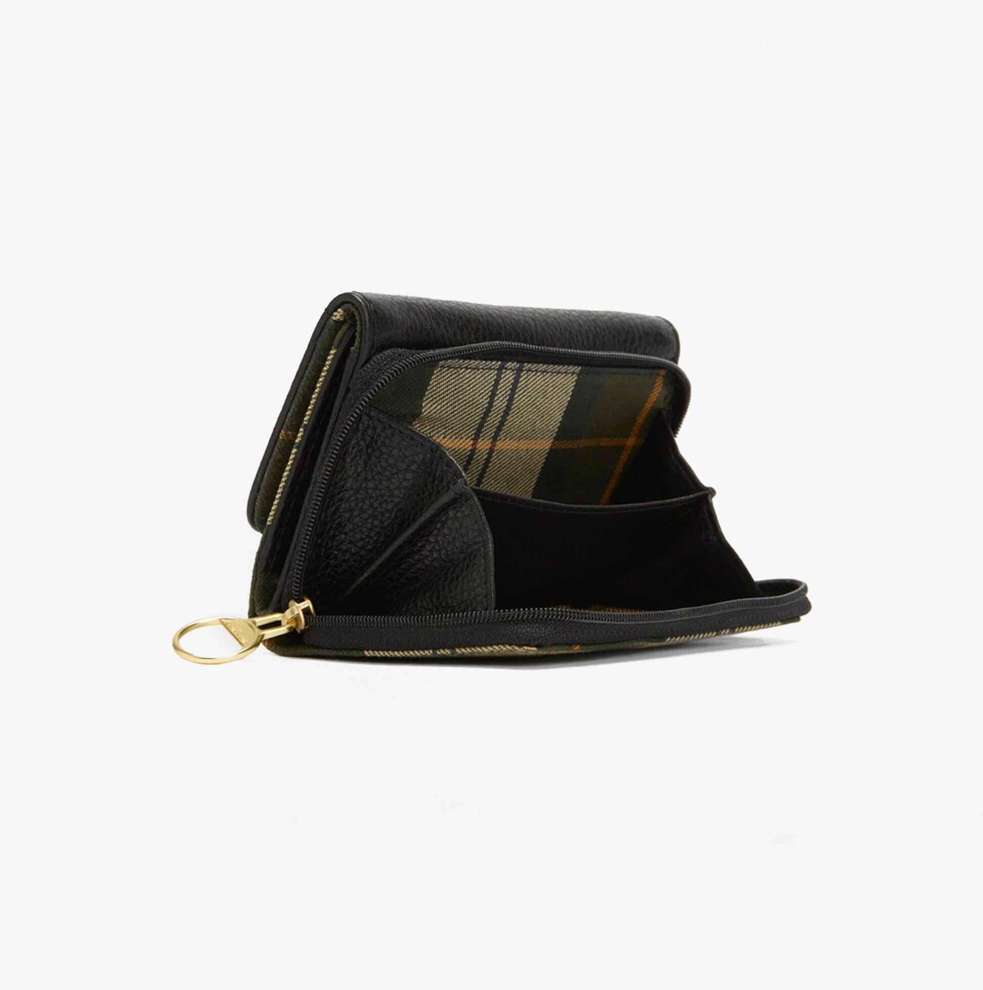 Barbour ROSA LEATHER French Purse Womens Black side view showcasing interior with plaid lining and zip opening.