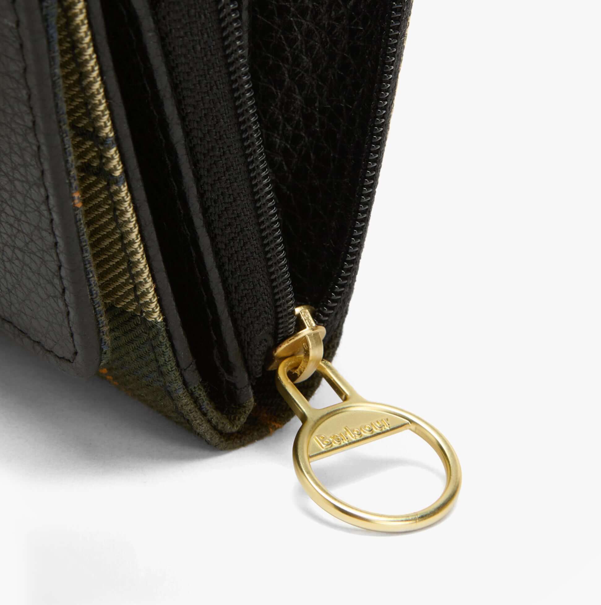 Barbour ROSA LEATHER French Purse Womens Black detail view of the zip closure and keyring.