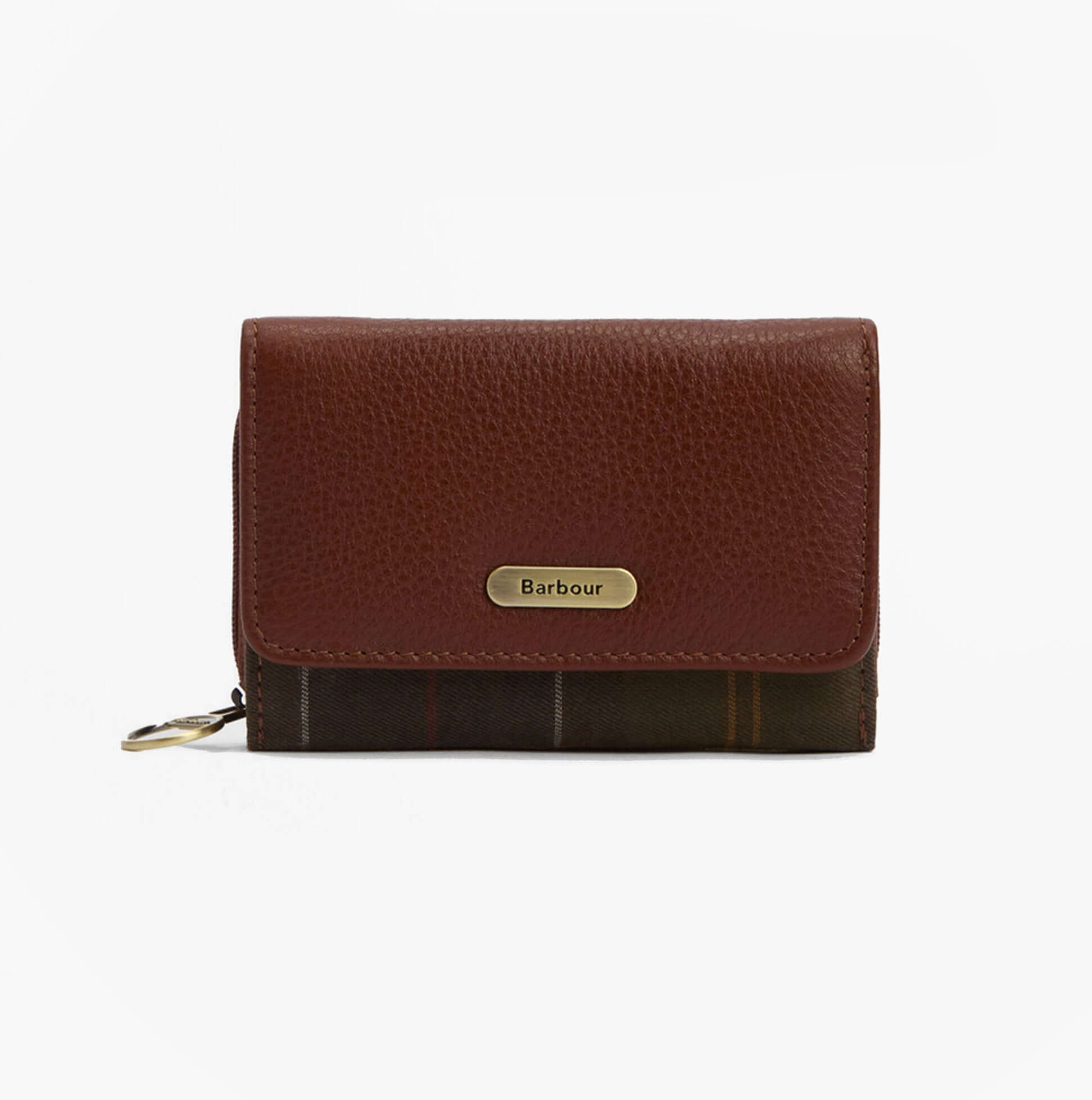 Barbour ROSA LEATHER French Purse Womens Brown/Classic Tartan front view with button fastening and RFID technology