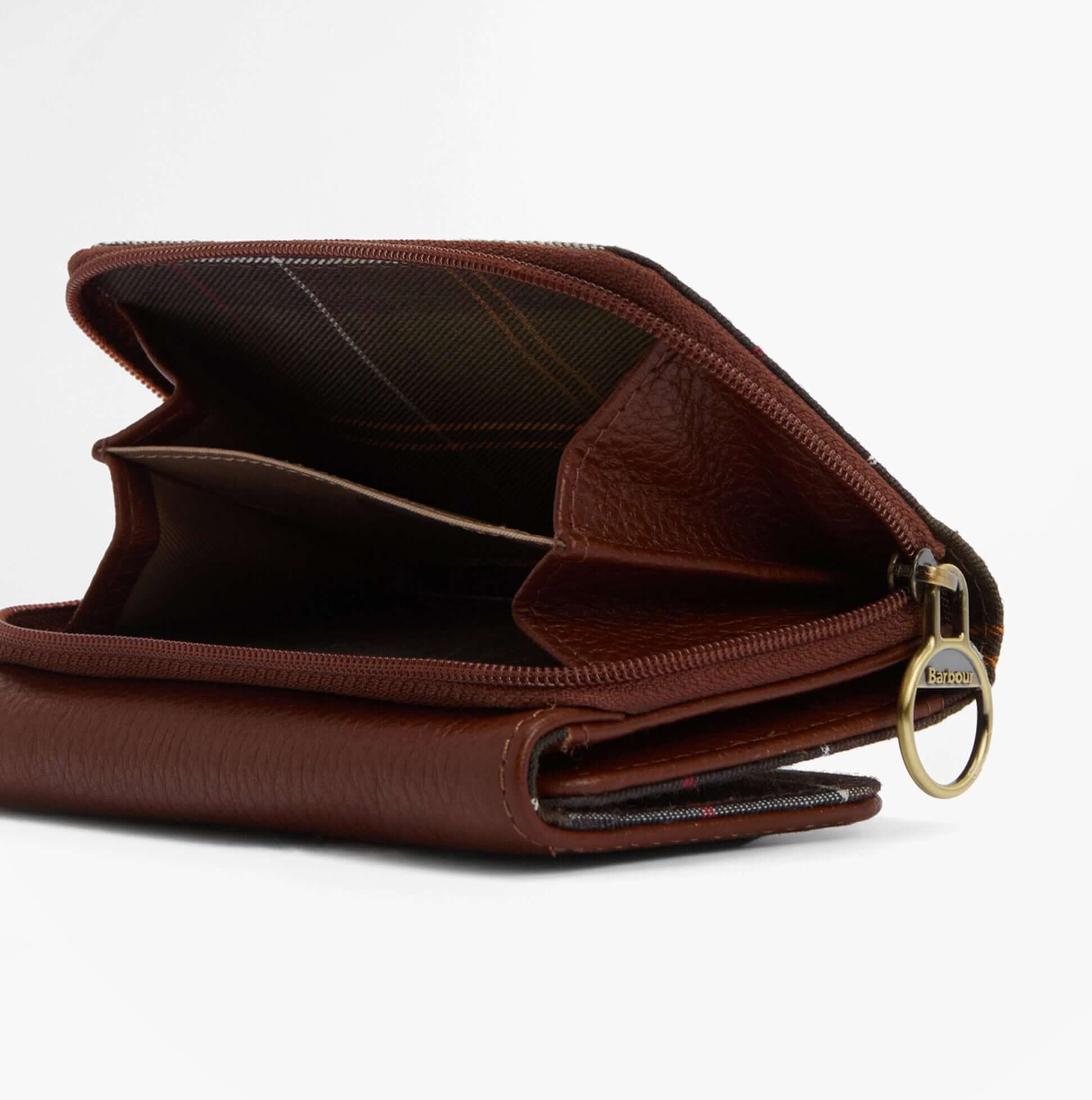 Barbour ROSA LEATHER French Purse Womens Brown/Classic Tartan open side view showcasing interior pockets and details.