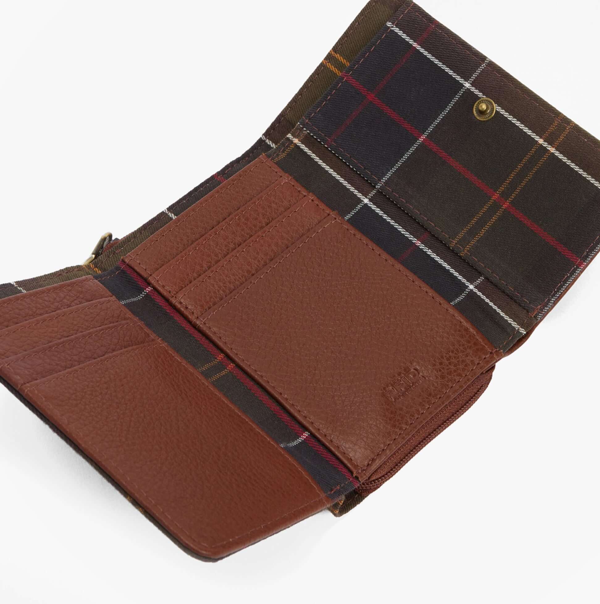 Barbour ROSA LEATHER French Purse Womens Brown/Classic Tartan detail view, showcasing card slots and plaid lining.