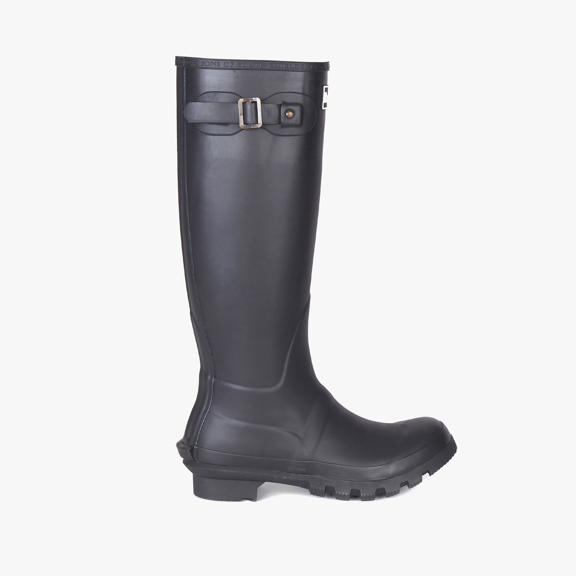 Barbour BEDE Womens Tall Wellies Black side view showcasing rubber upper and block heel design.