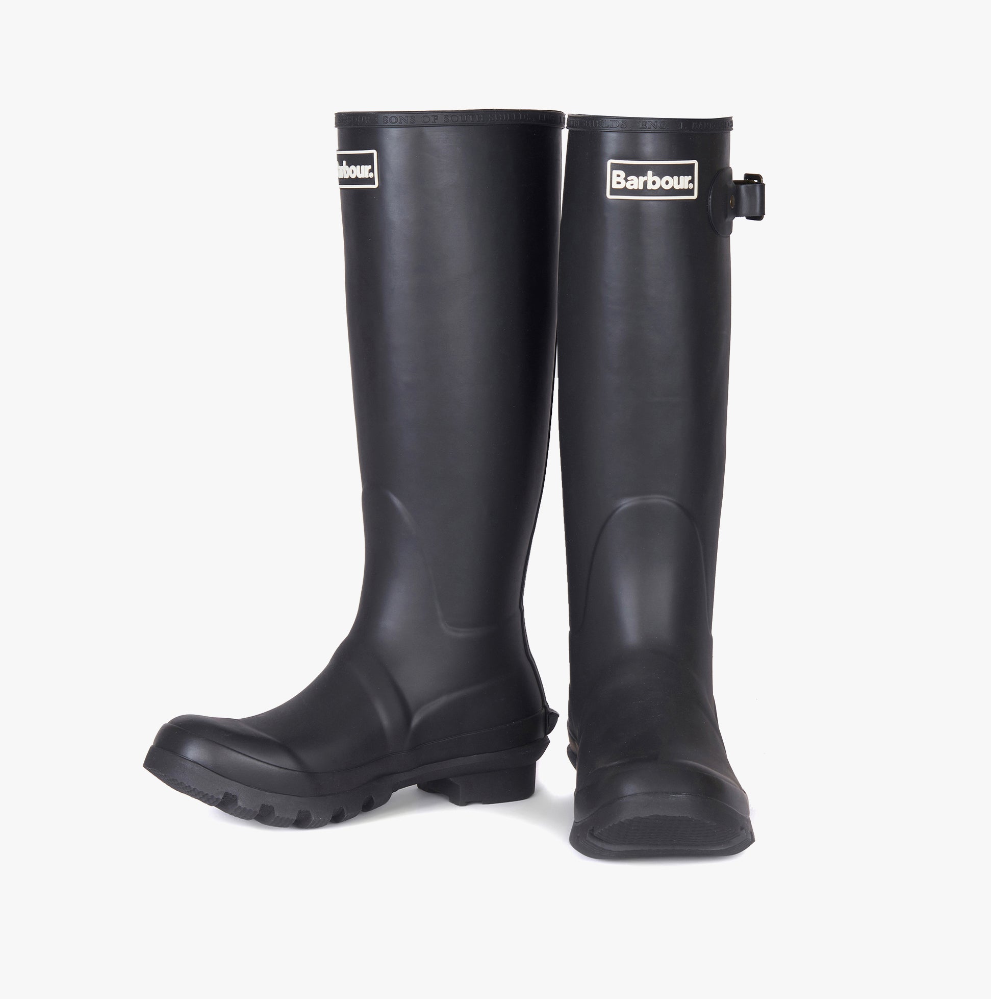 Barbour BEDE Womens Tall Wellies Black, side view showing knee-high rubber boots with comfortable design.