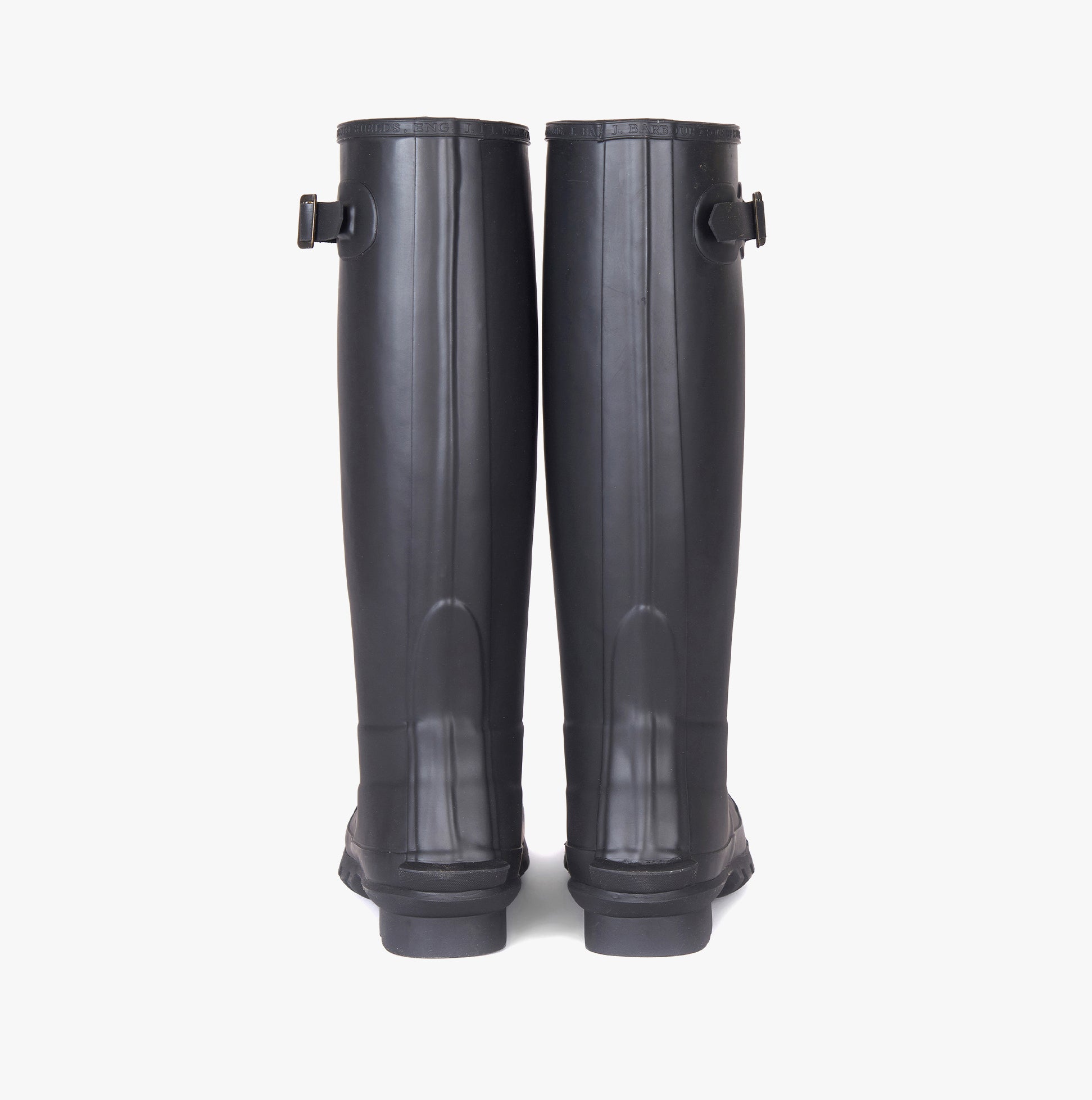 Barbour BEDE Womens Tall Wellies Black back view showing knee-high rubber design and block heel.