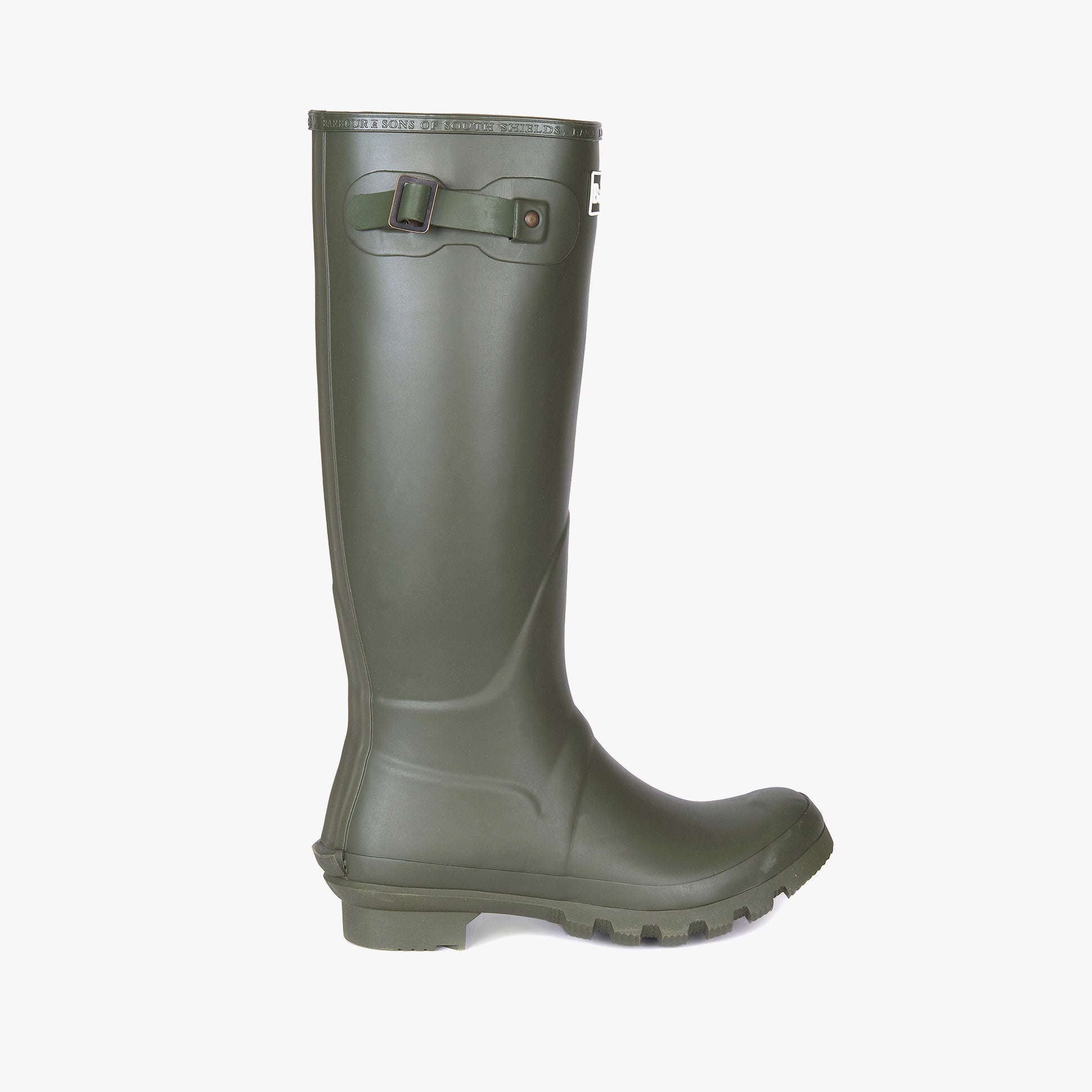 Barbour BEDE Womens Tall Wellies Olive side view showcasing the knee-high rubber construction.