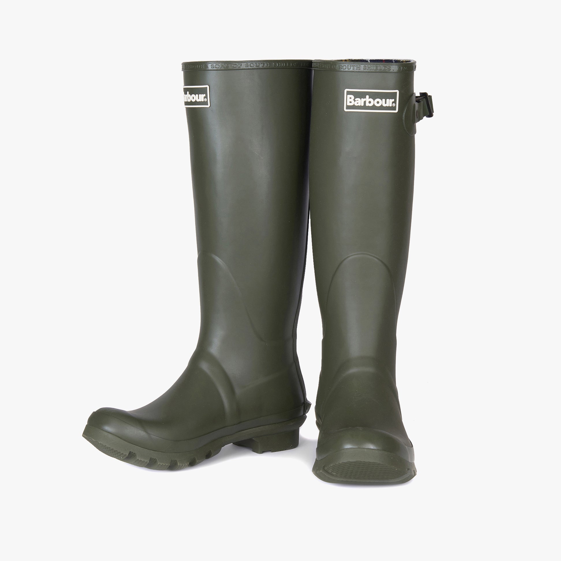 Barbour BEDE Womens Tall Wellies Olive front view, rubber knee-high wellington boots, block heel, waterproof design.