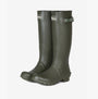 Barbour BEDE Womens Tall Wellies Olive side view showcasing knee-high rubber boots with block heel.