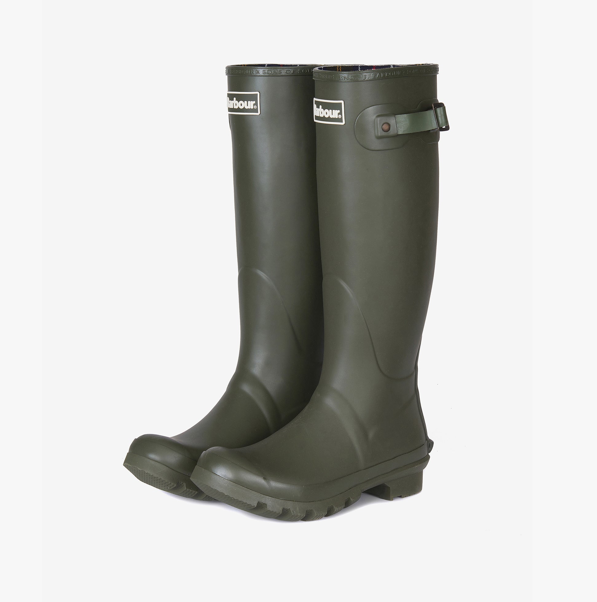Barbour BEDE Womens Tall Wellies Olive side view showcasing knee-high rubber boots with block heel.