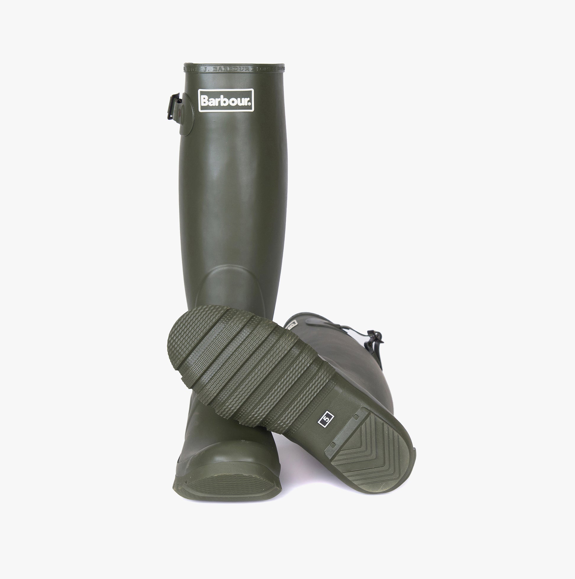 Barbour BEDE Womens Tall Wellies Olive front view showing boots with rubber sole and knee-high design.