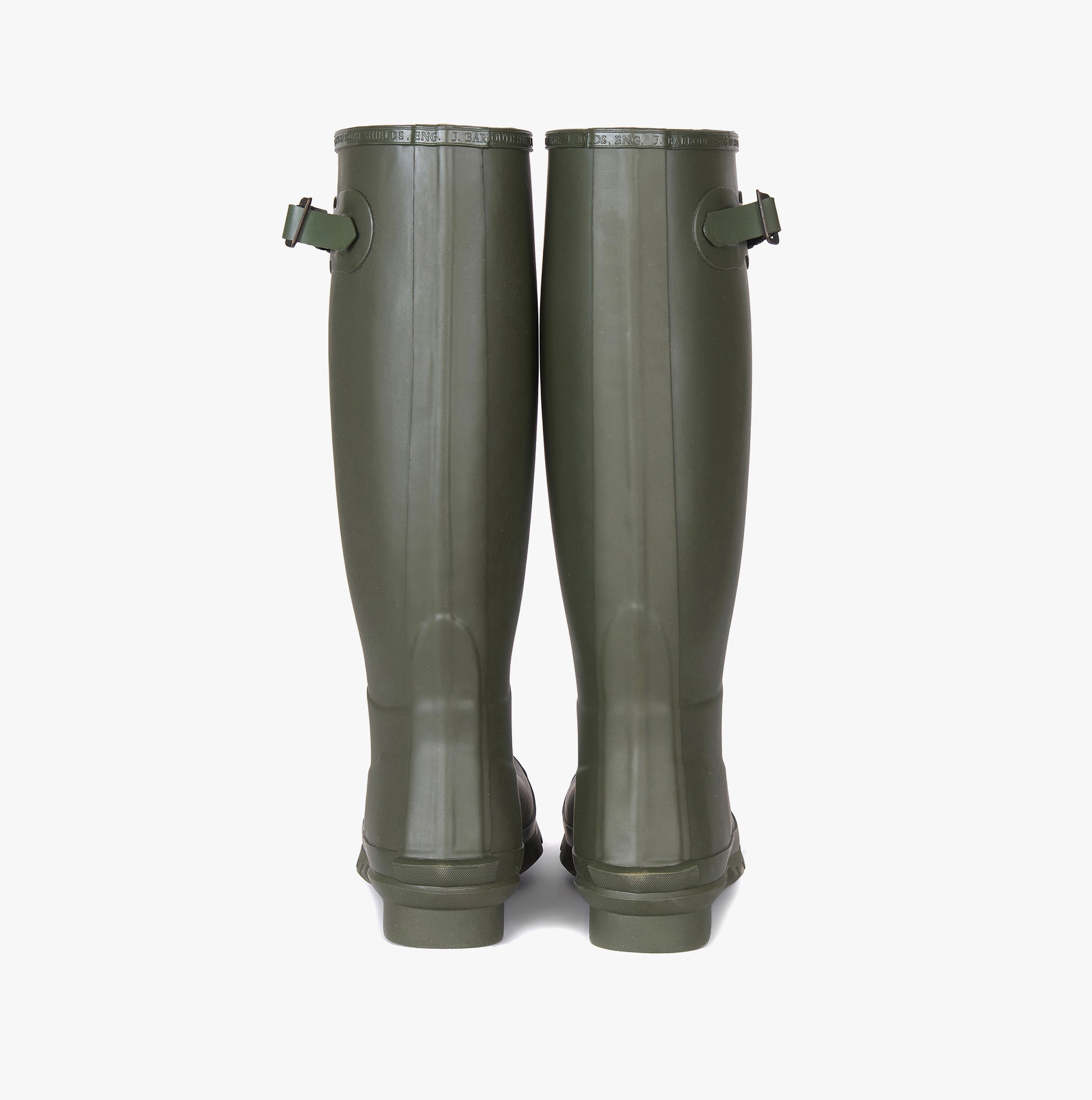 Barbour BEDE Womens Tall Wellies Olive back view highlighting knee high rubber design and adjustable features.