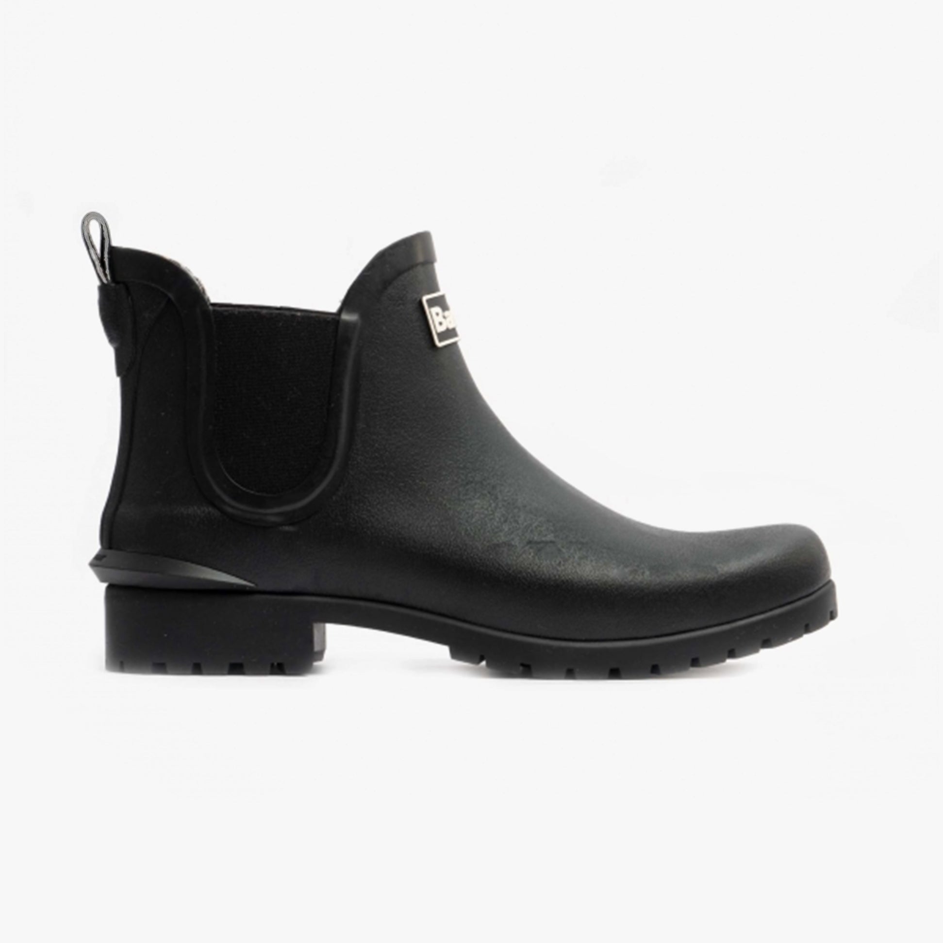 Barbour WILTON Womens Chelsea Wellington Boots Black side view showing flat heel and pull-on design