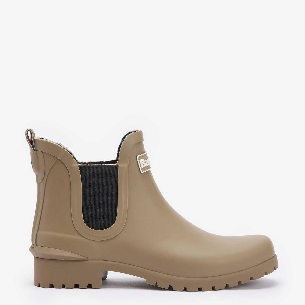 Barbour WILTON Womens Chelsea Wellies Sandstone side view showing round toe and pull-on design.