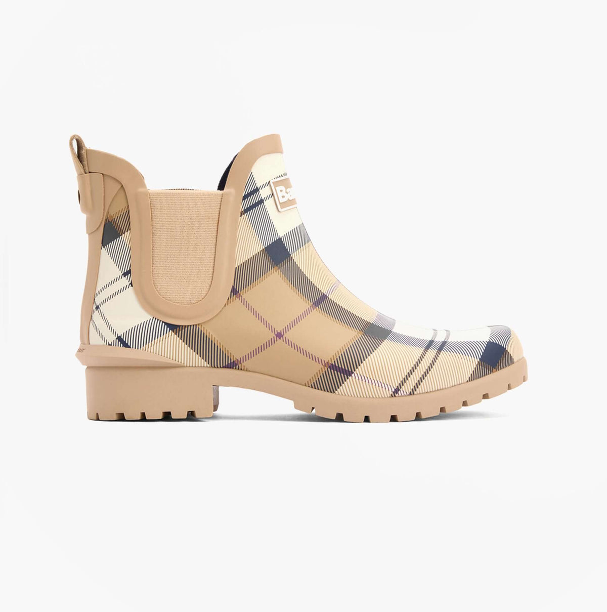 Barbour WILTON Womens Chelsea Wellies Hessian Tartan side view showcasing stylish plaid design and pull-on feature.