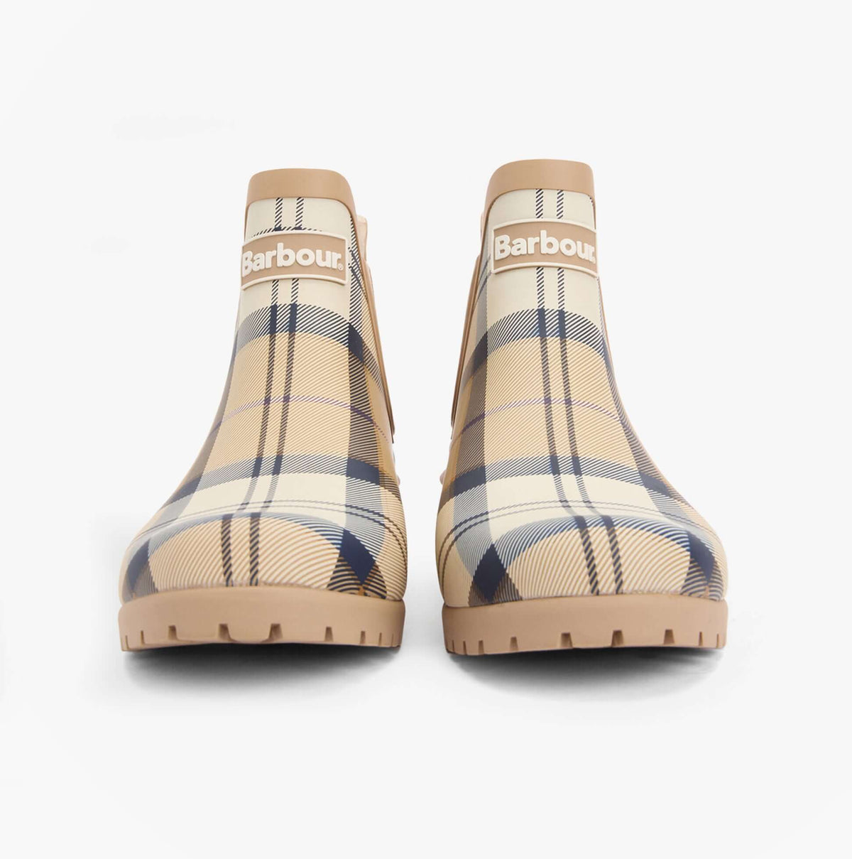 Barbour WILTON Womens Chelsea Wellies Hessian Tartan front view showcasing stylish ankle-height design.