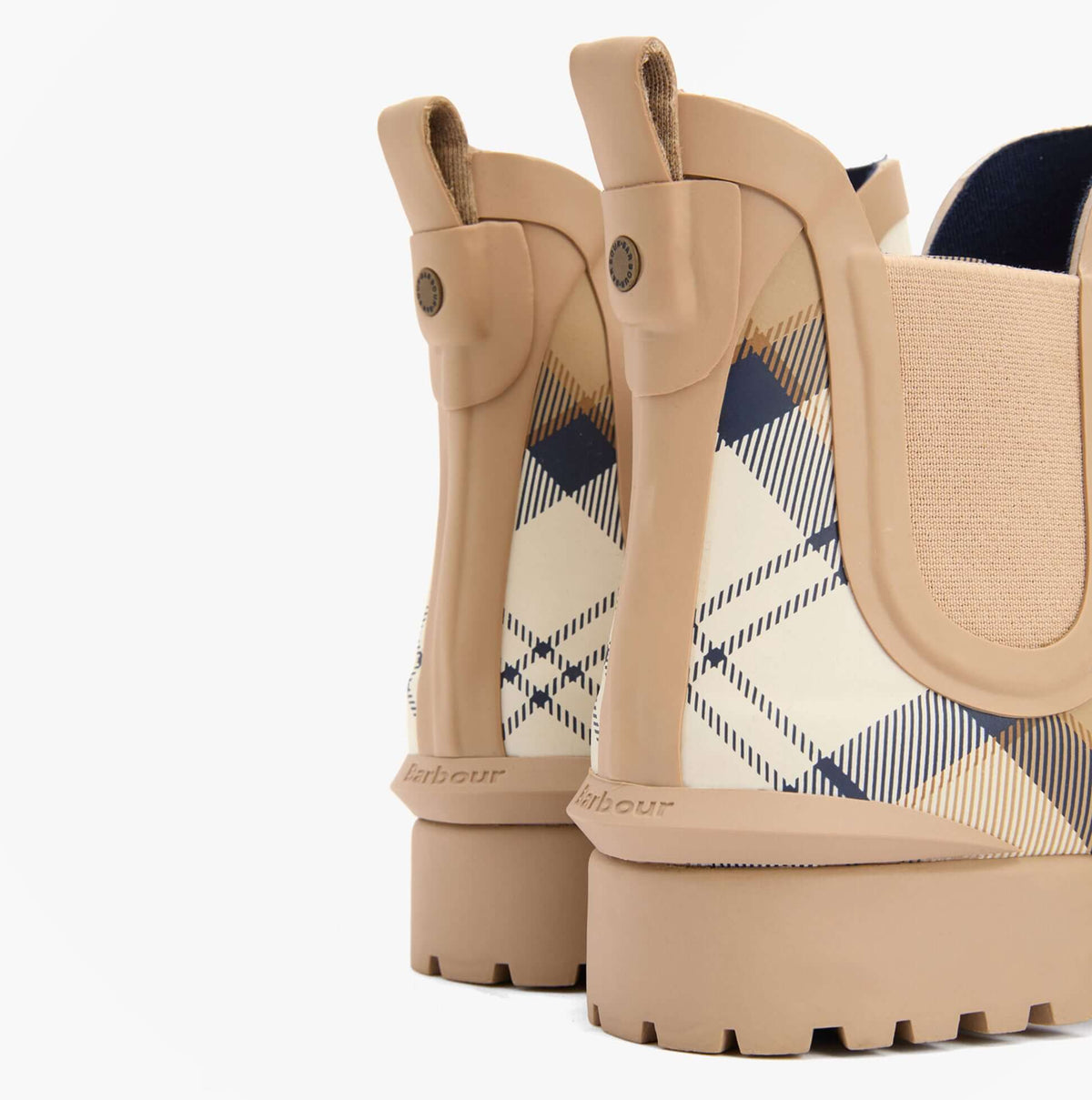 Barbour WILTON Womens Chelsea Wellies Hessian Tartan ankle boot side view with elasticated panels and classic tartan design.