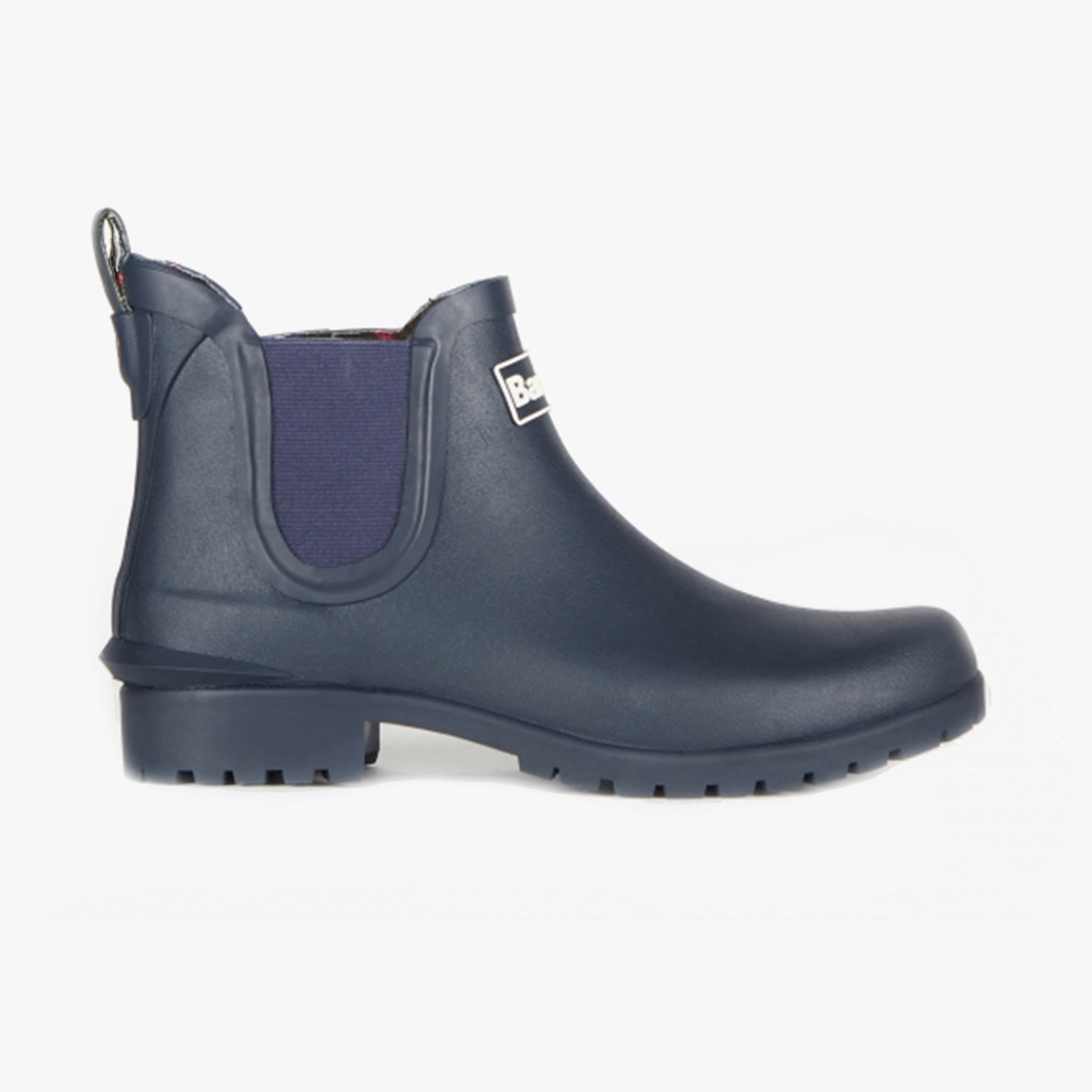 Barbour WILTON Womens Chelsea Wellington Boots Navy side view showcasing the synthetic/rubber upper and flat heel.