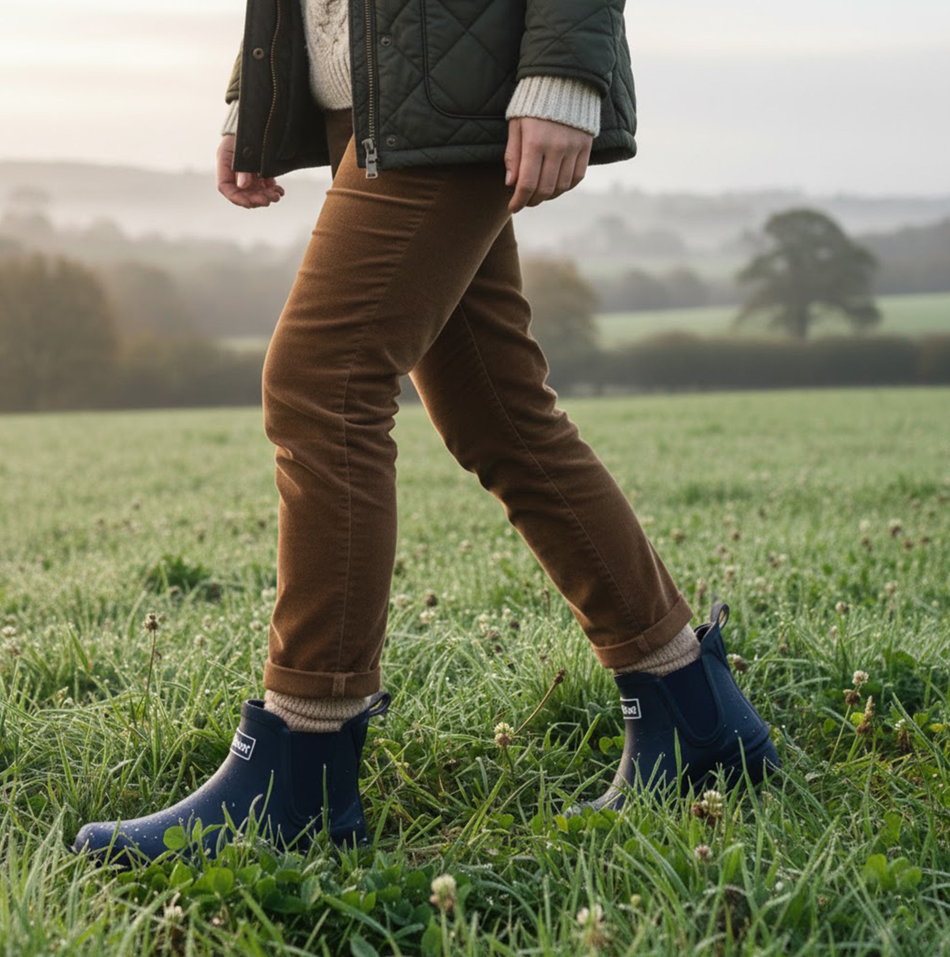 Barbour WILTON Womens Chelsea Wellington Boots Navy side view worn in a field, showcasing the waterproof design and comfortable fit.