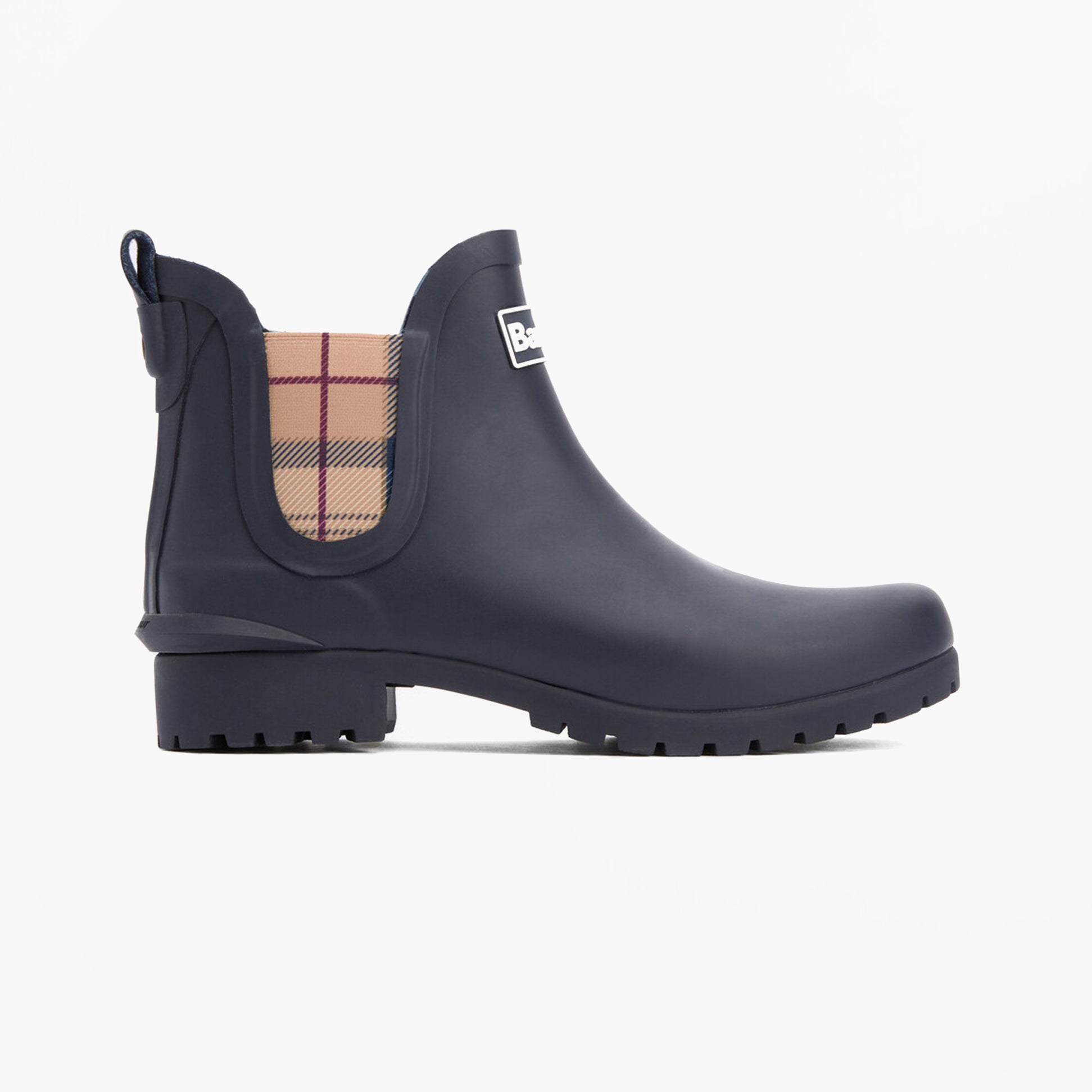 Barbour WILTON Womens Chelsea Wellies Navy/Hessian side view with elasticated side panel and pull-on closure.