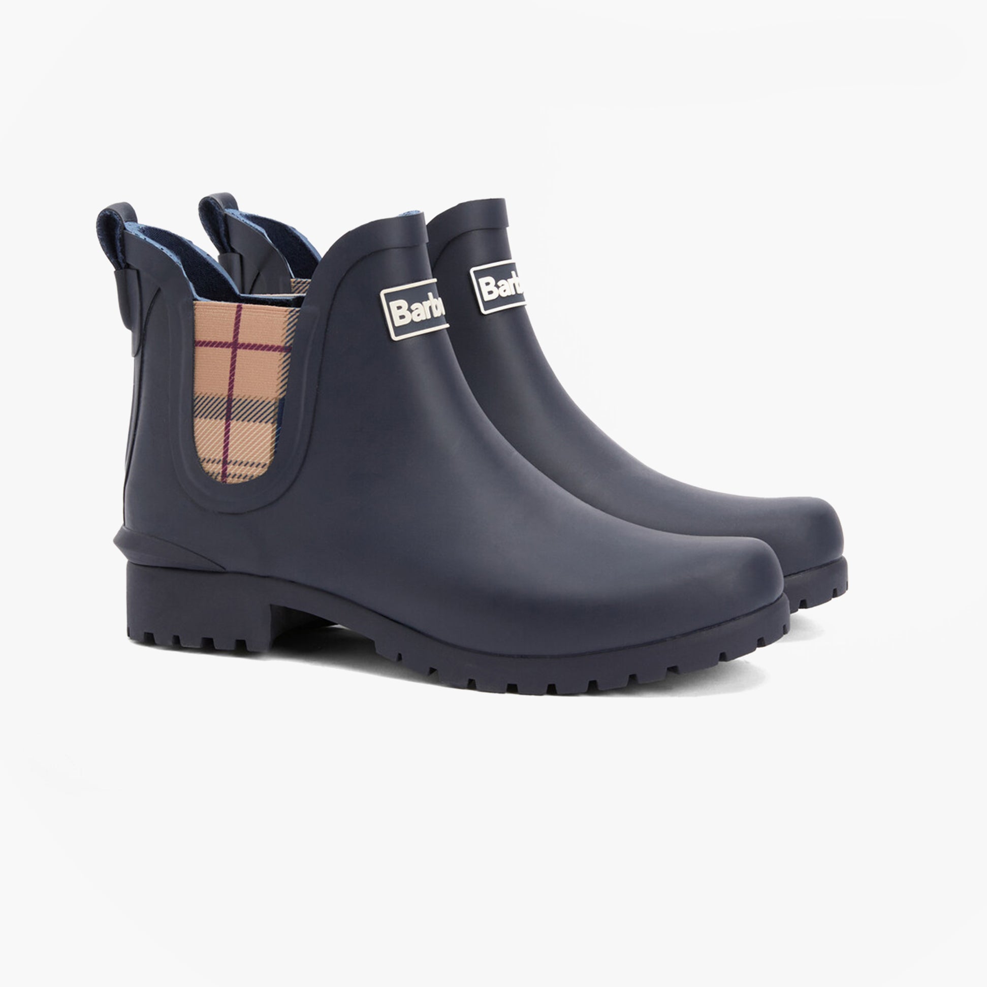 Barbour WILTON Womens Chelsea Wellies Navy/Hessian side view showcasing elasticated side panel and comfort features.