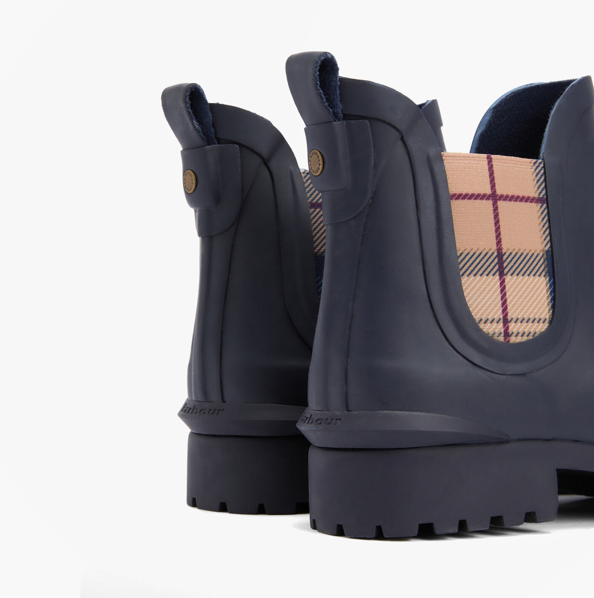 Barbour WILTON Womens Chelsea Wellies Navy/Hessian rear view showcasing elasticated side panel and plaid detail.