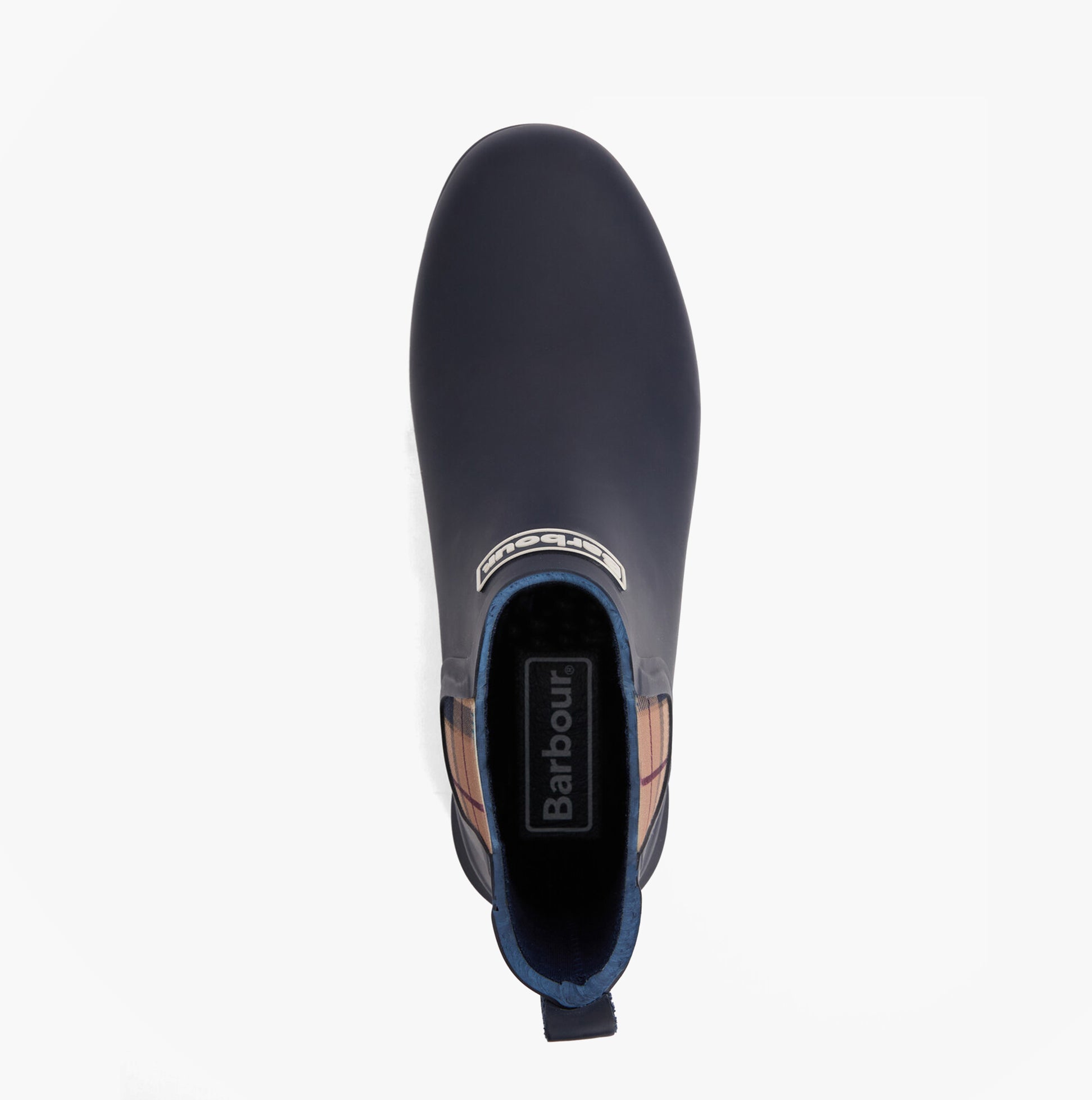 Barbour WILTON Womens Chelsea Wellies Navy/Hessian top view showcasing the navy upper and elasticated side panel.