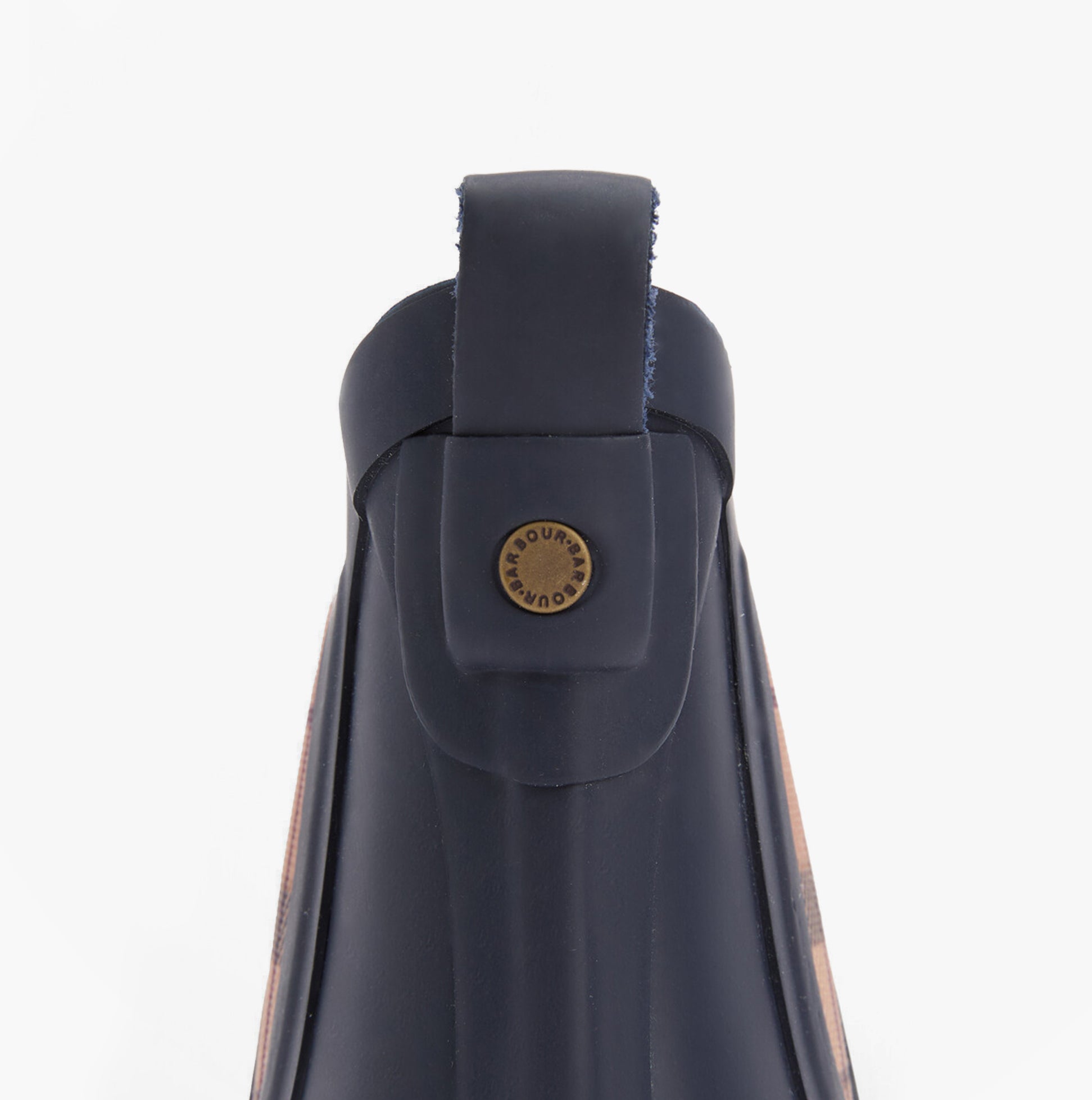 Barbour WILTON Womens Chelsea Wellies Navy/Hessian back view with pull tab detailing and logo embellishment.