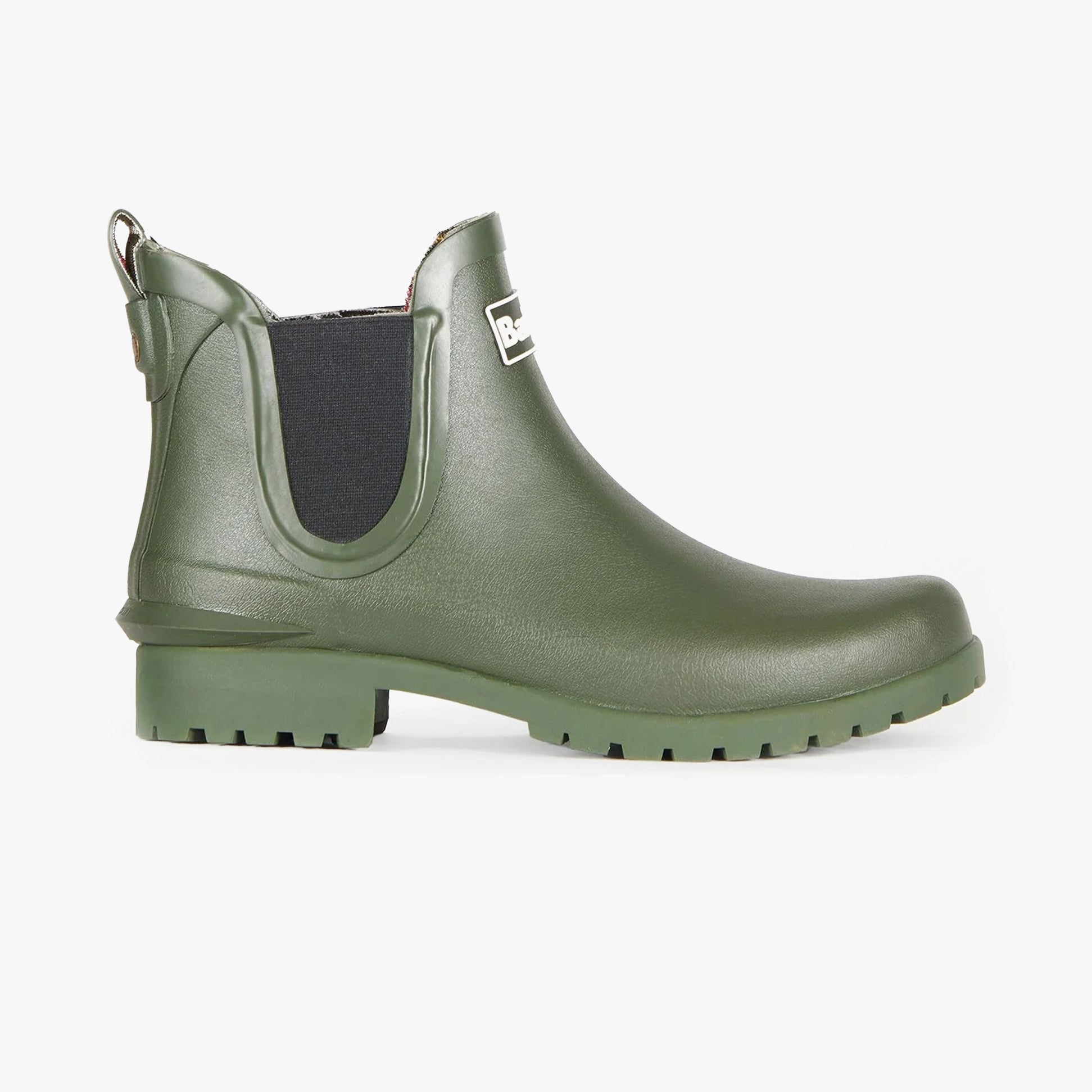 Barbour WILTON Womens Chelsea Wellington Boots Olive side view with rubber upper and ankle height design.