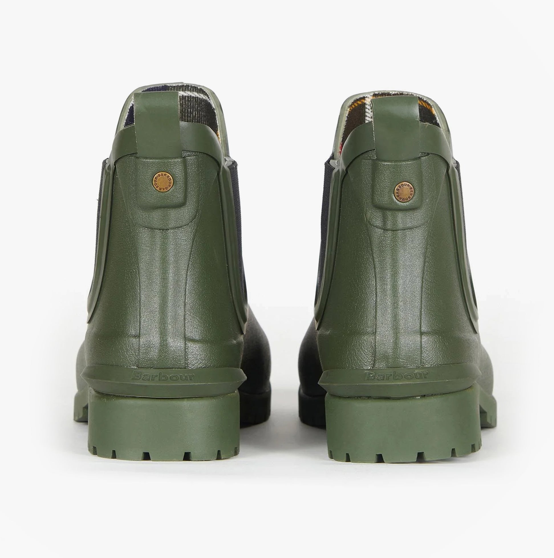 Barbour WILTON Womens Chelsea Wellington Boots Olive back view showing rubber upper and ankle height design.